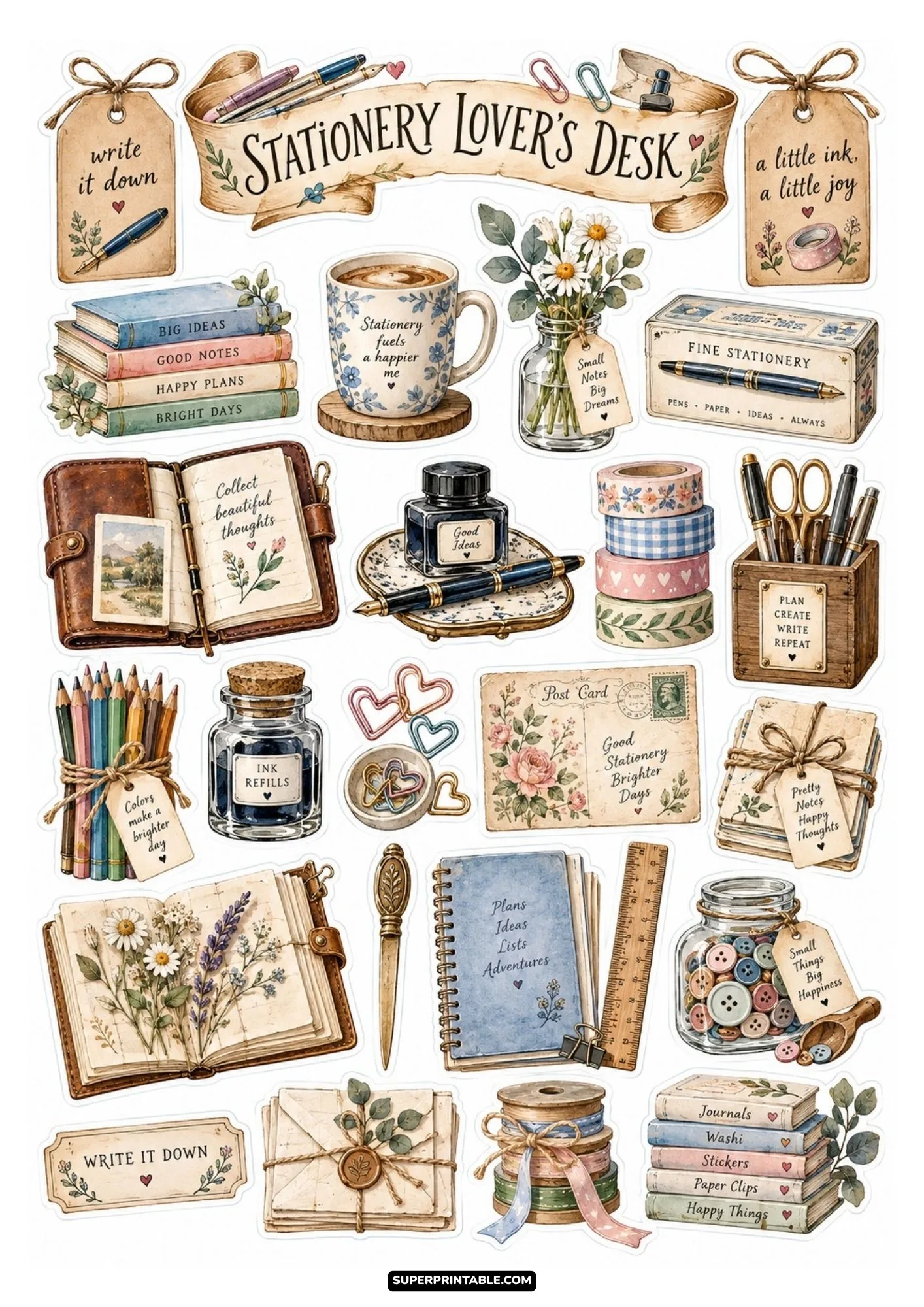 Stationery lovers desk sticker sheet with traveler notebooks, ink bottles, craft supplies, and patterned ribbon.