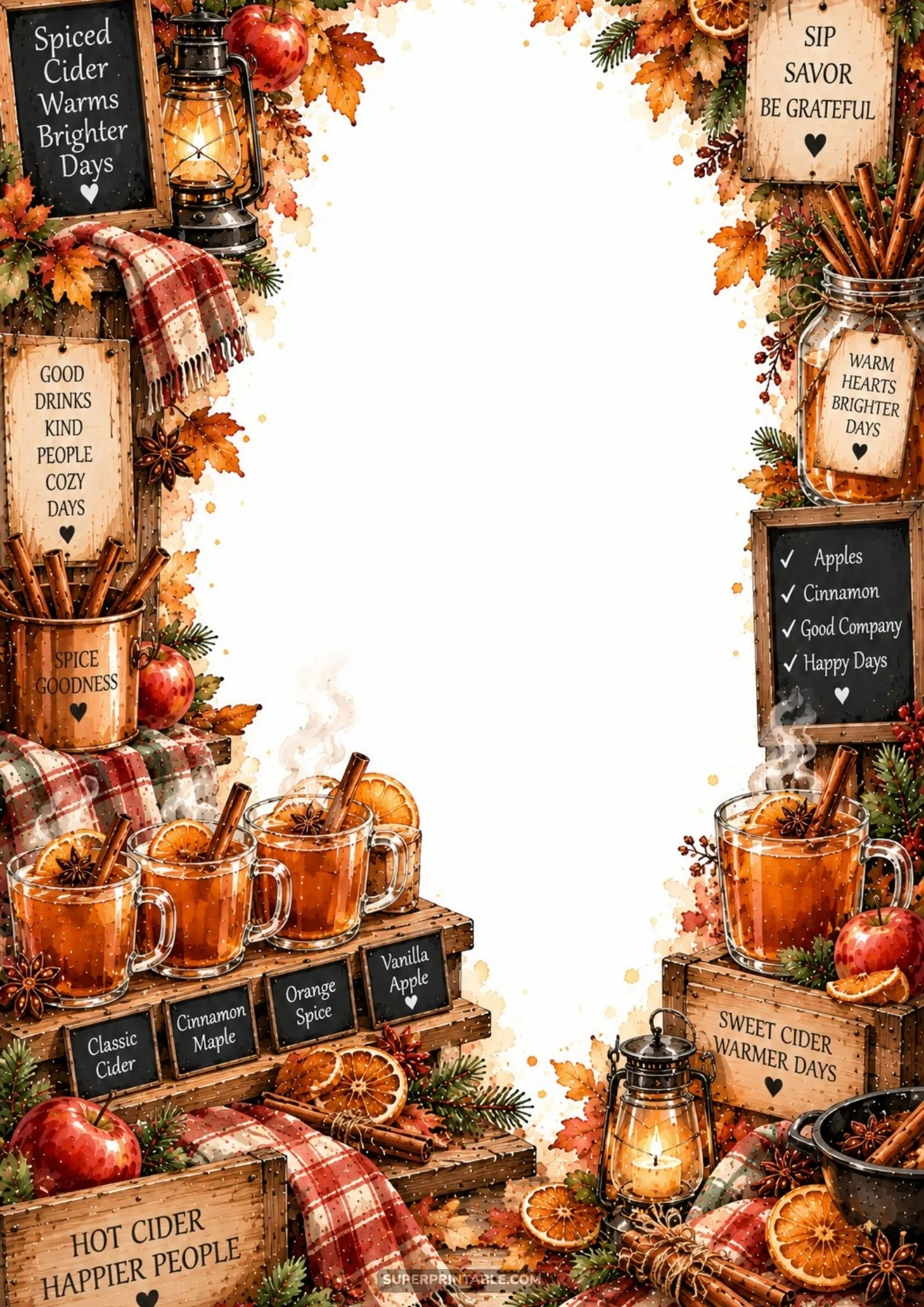 Clear mugs of steaming mulled apple cider garnished with cinnamon sticks and sliced oranges amid lanterns