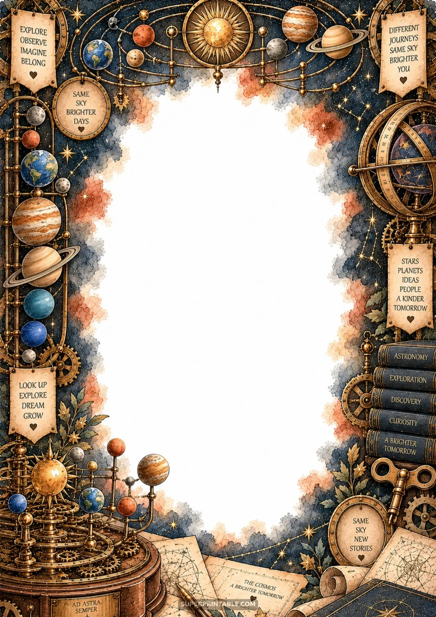 Clockwork brass orrery model with colorful planets, gears, and antique astronomy leather books.
