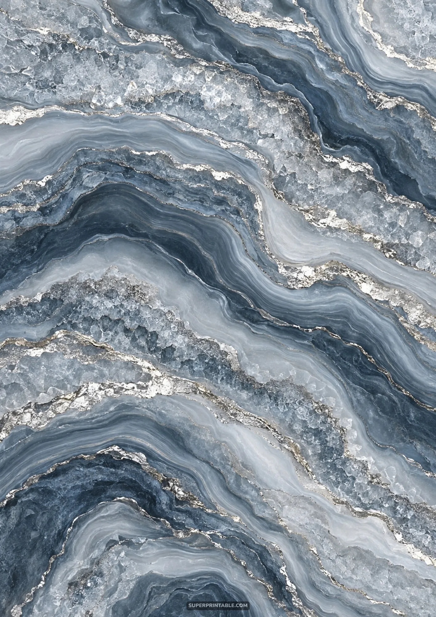 Slate blue and smoky grey agate stone featuring textured crystal layers and silver foil veins