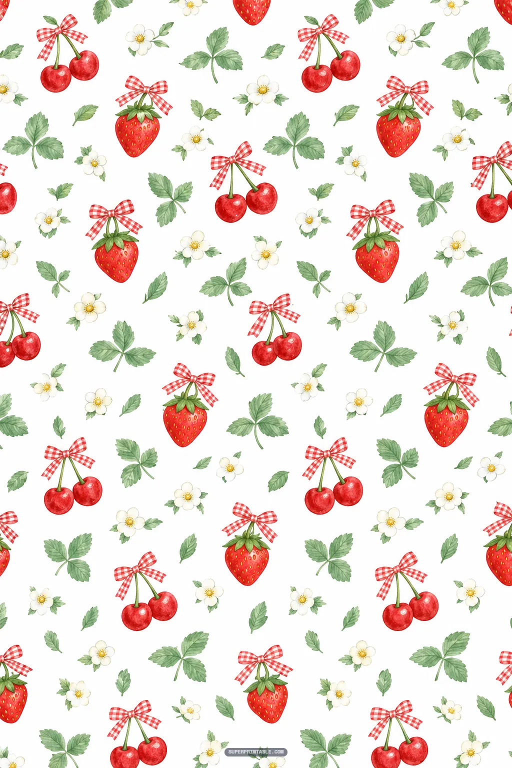 Sweet strawberries and cherries tied with red and white gingham bows on white paper