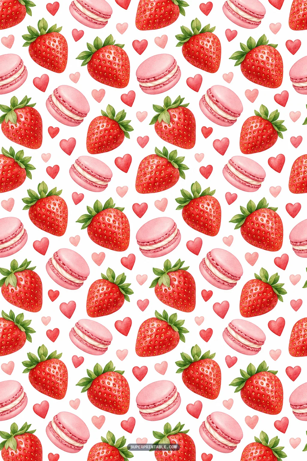 Fresh red strawberries and pastel pink macarons surrounded by watercolor hearts on white