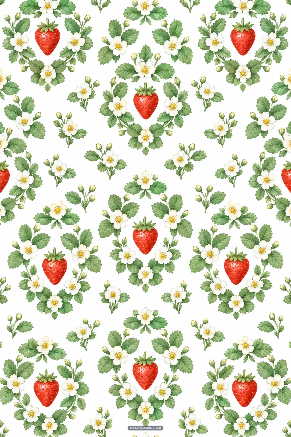 Strawberry patch digital paper showing an elegant botanical damask pattern with berries and leaves