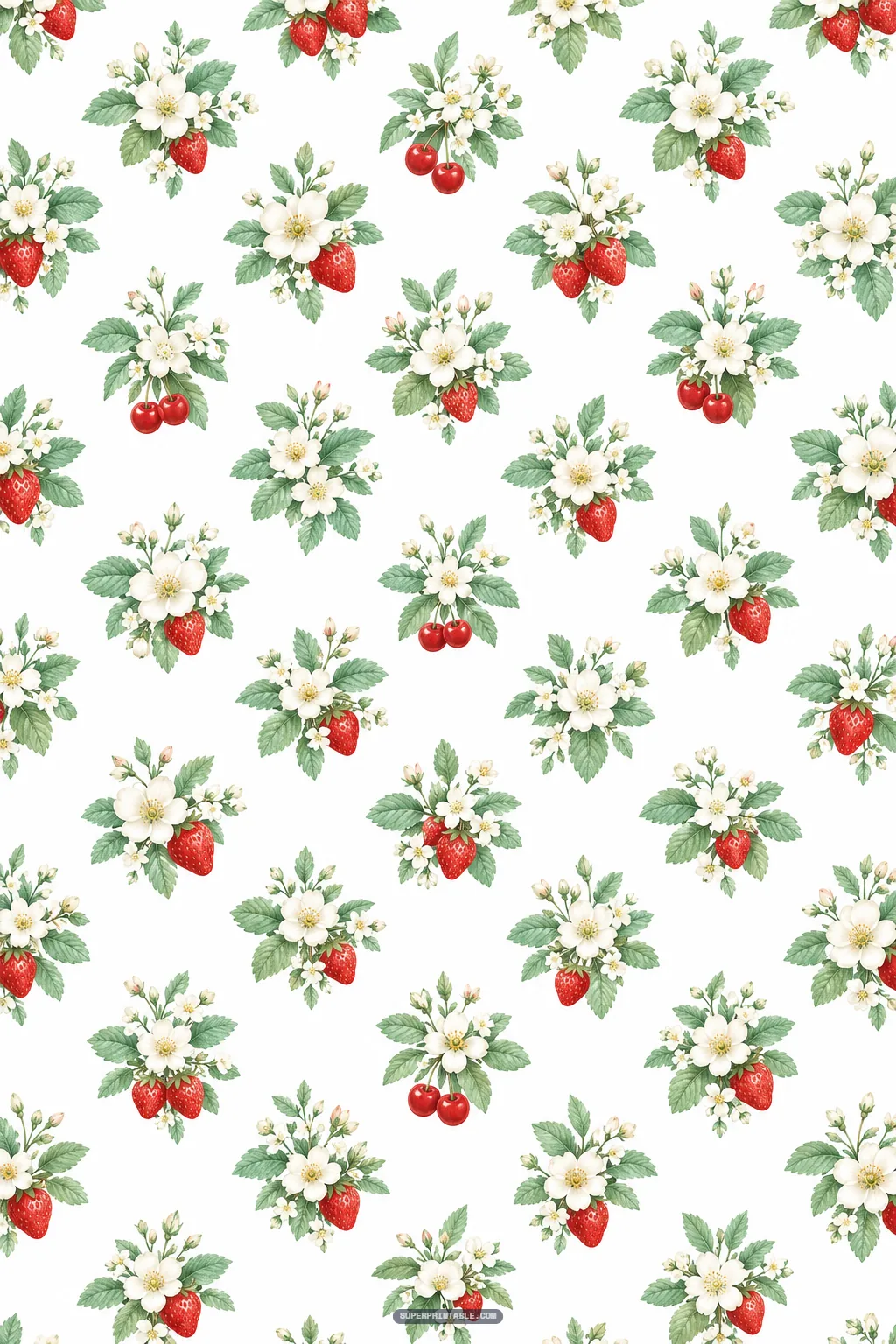 Repeating motif of clustered ripe red strawberries, glossy paired cherries, and leaves
