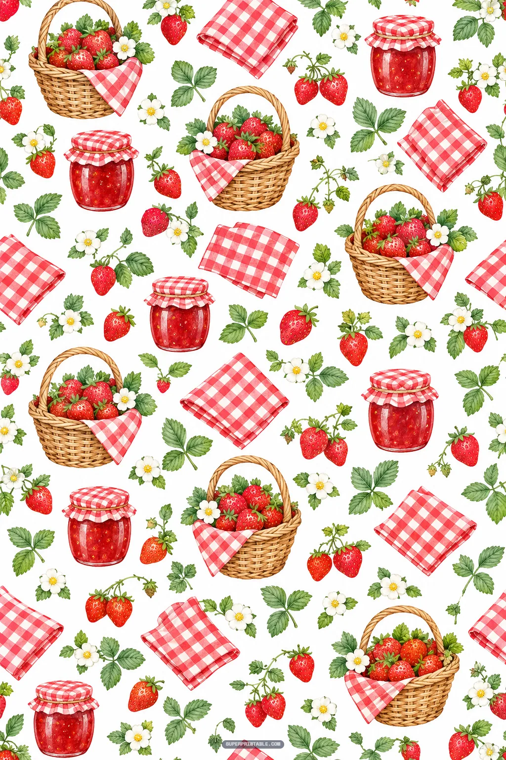 Woven baskets of fresh strawberries, homemade jam jars, and gingham picnic napkins