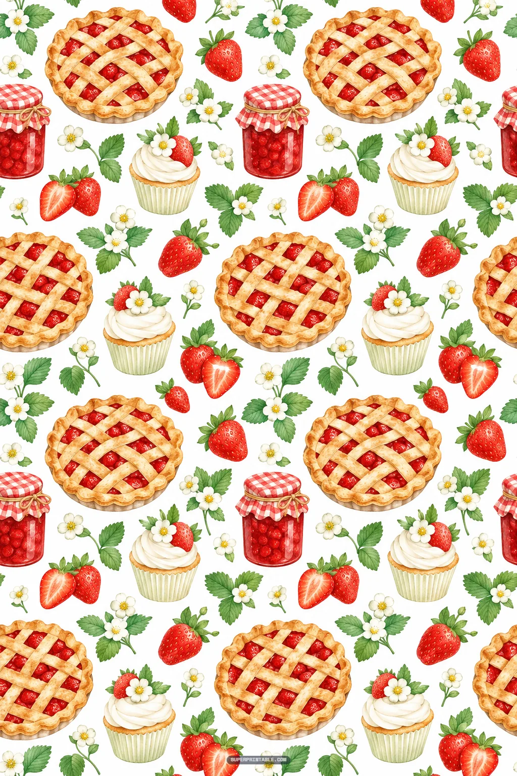 Delicious strawberry lattice pies, frosted cupcakes, and jars of sweet jam on white