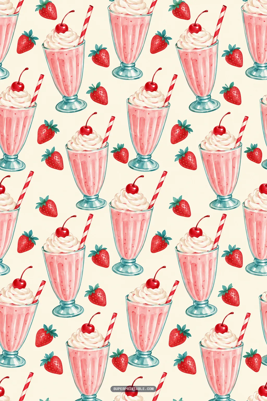 Pink strawberry milkshakes in tall fountain glasses with whipped cream, cherries, and red striped straws