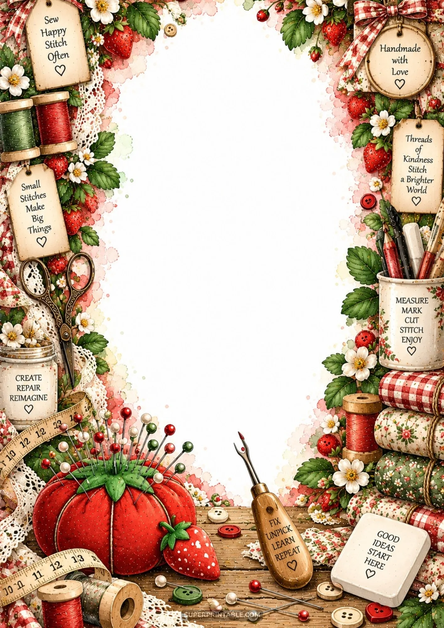 Sweet strawberry themed sewing border with a large red pincushion, gingham fabric rolls, and vintage notions.