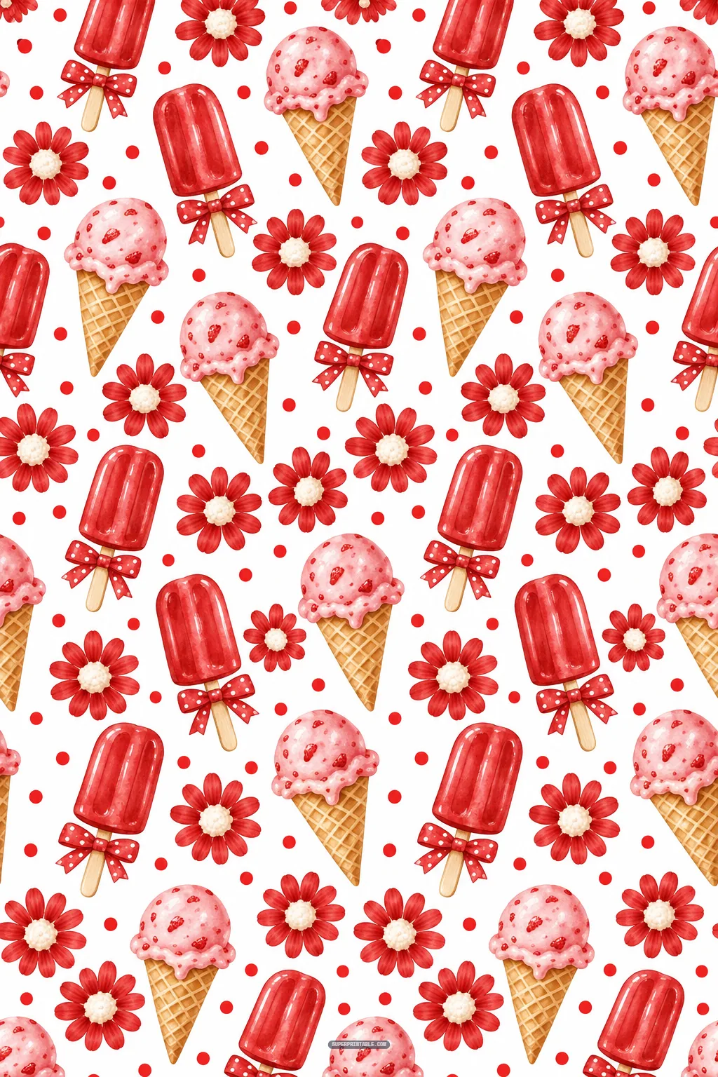 Watercolor strawberry ice cream cones, fruit popsicles, flowers, and red bows