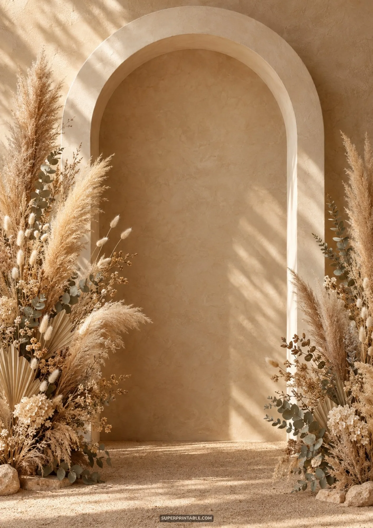 Stucco arch backdrop framed by dual lush floral arrangements of pampas plumes and eucalyptus greenery.