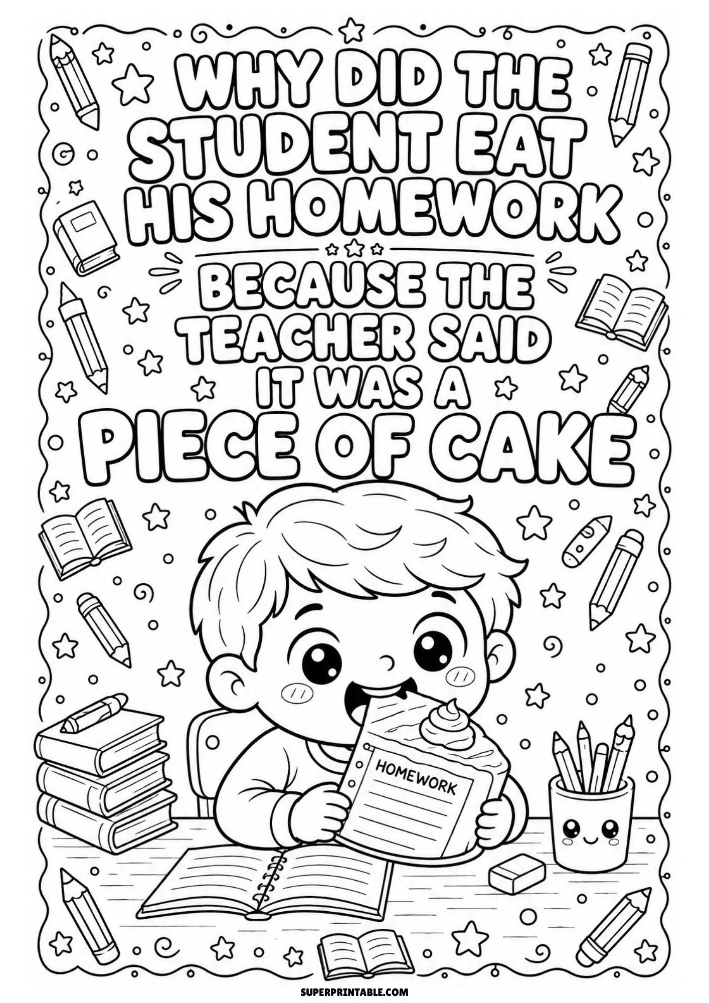 Playful student eating a slice of cake labeled homework at his classroom desk.