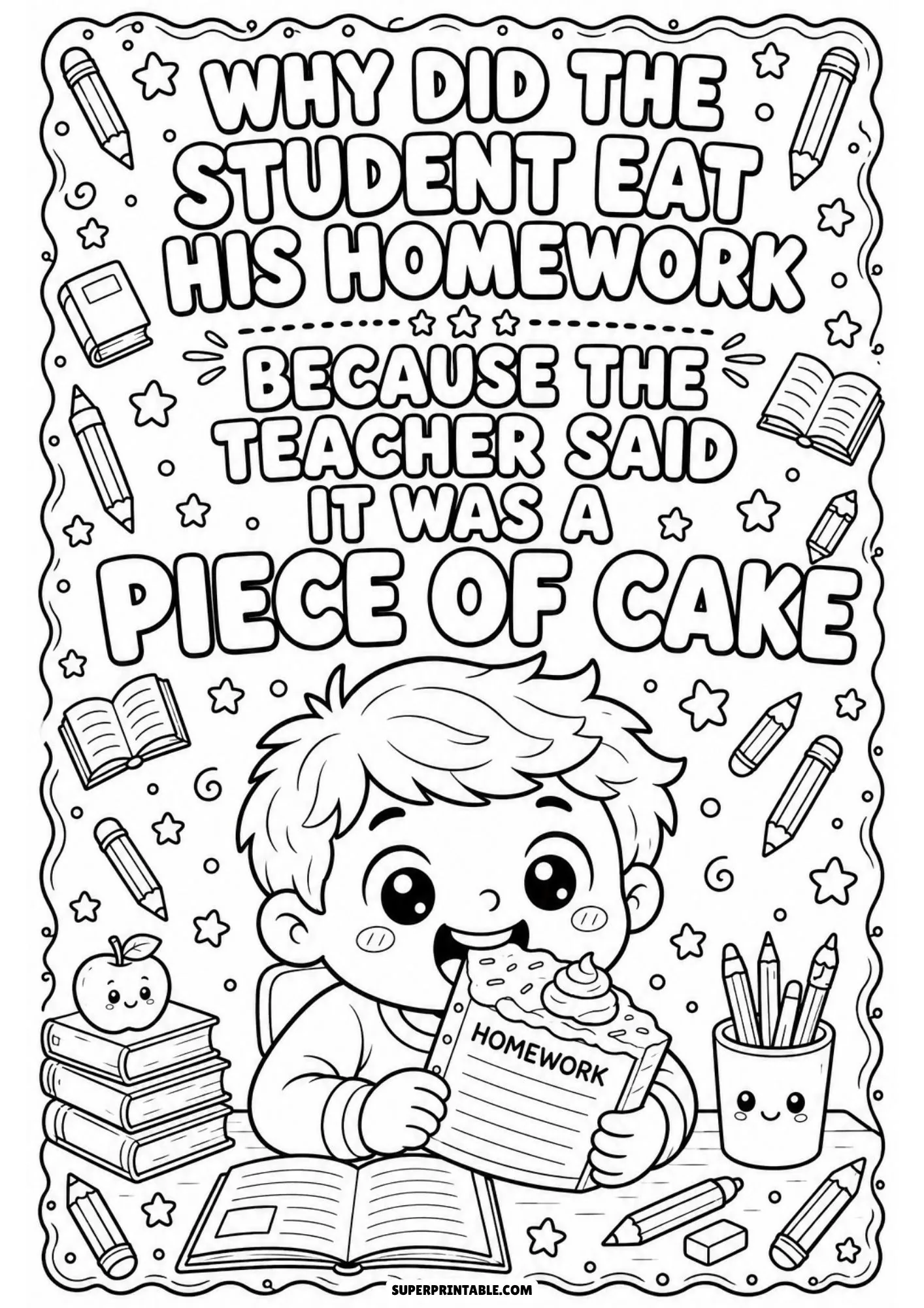 Schoolboy enjoying a cake homework slice next to stacked school supplies and apple.