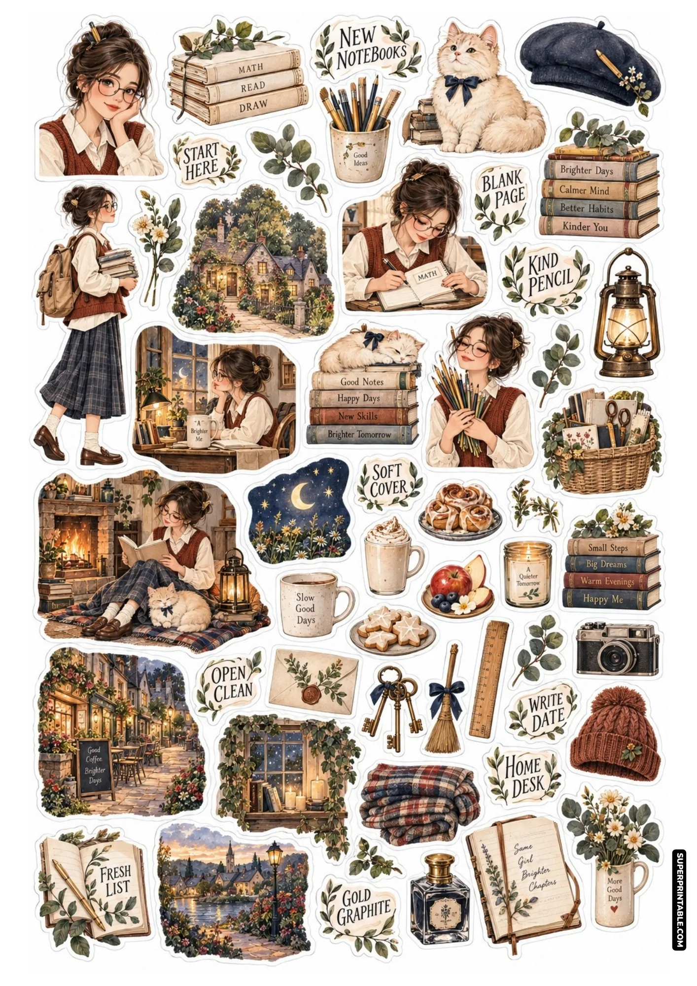 Study desk sticker sheet showing a girl in glasses taking notes alongside vintage books and warm drinks.