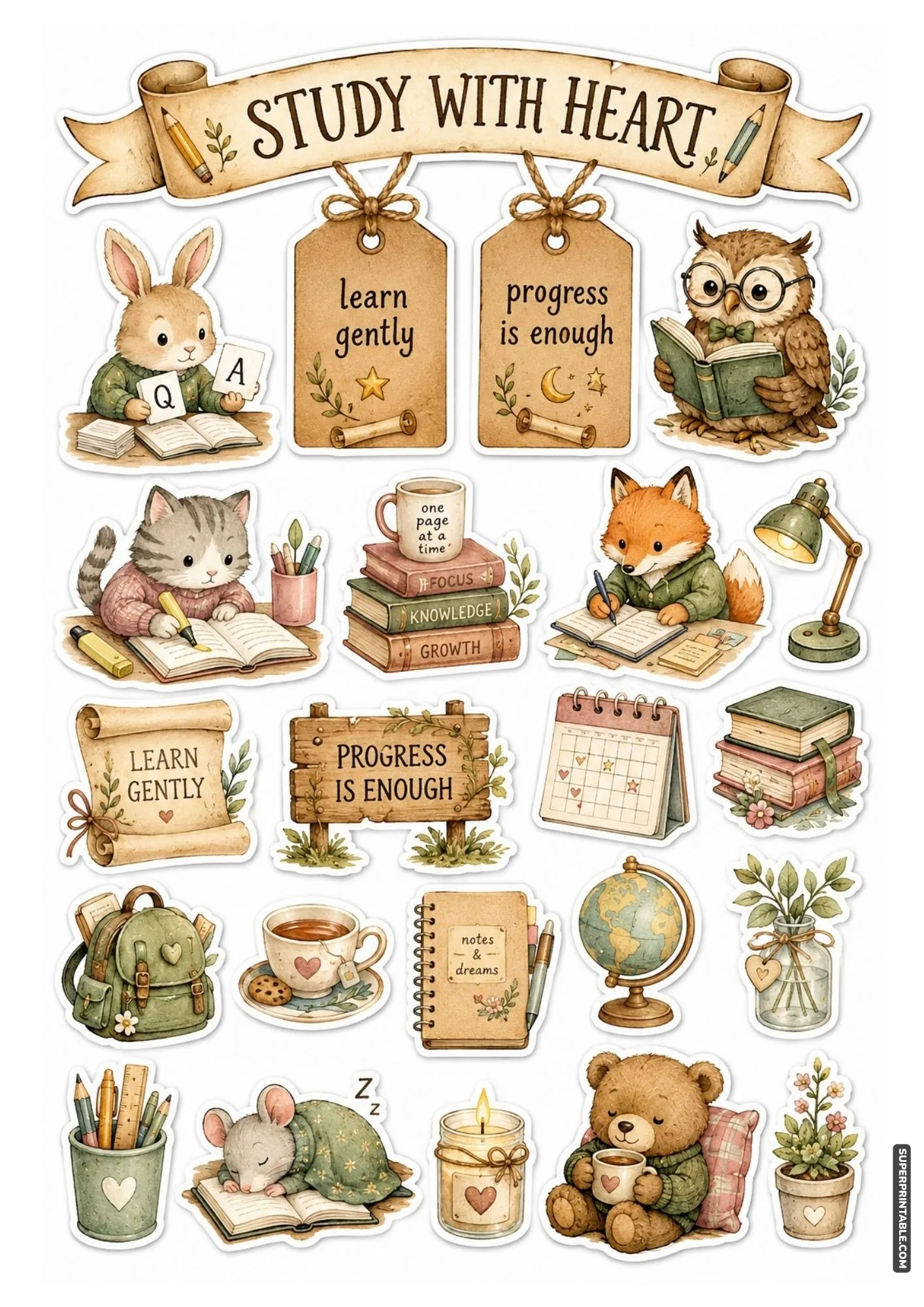Cute study planner stickers showing a cat writing in a notebook, desk lamp, backpack, and study motivation quotes.