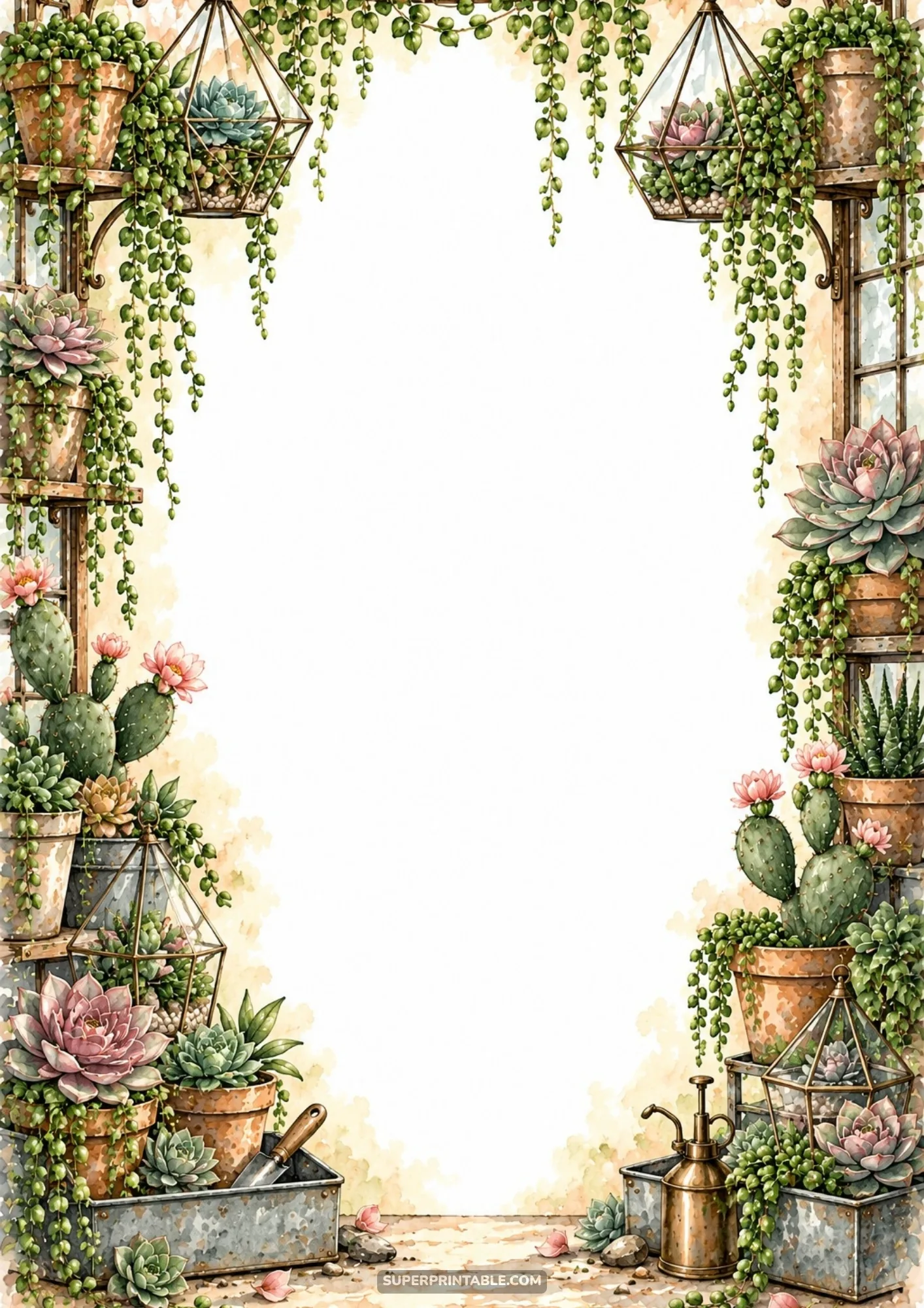 Succulents, blooming cacti, and hanging string of pearls around a greenhouse frame