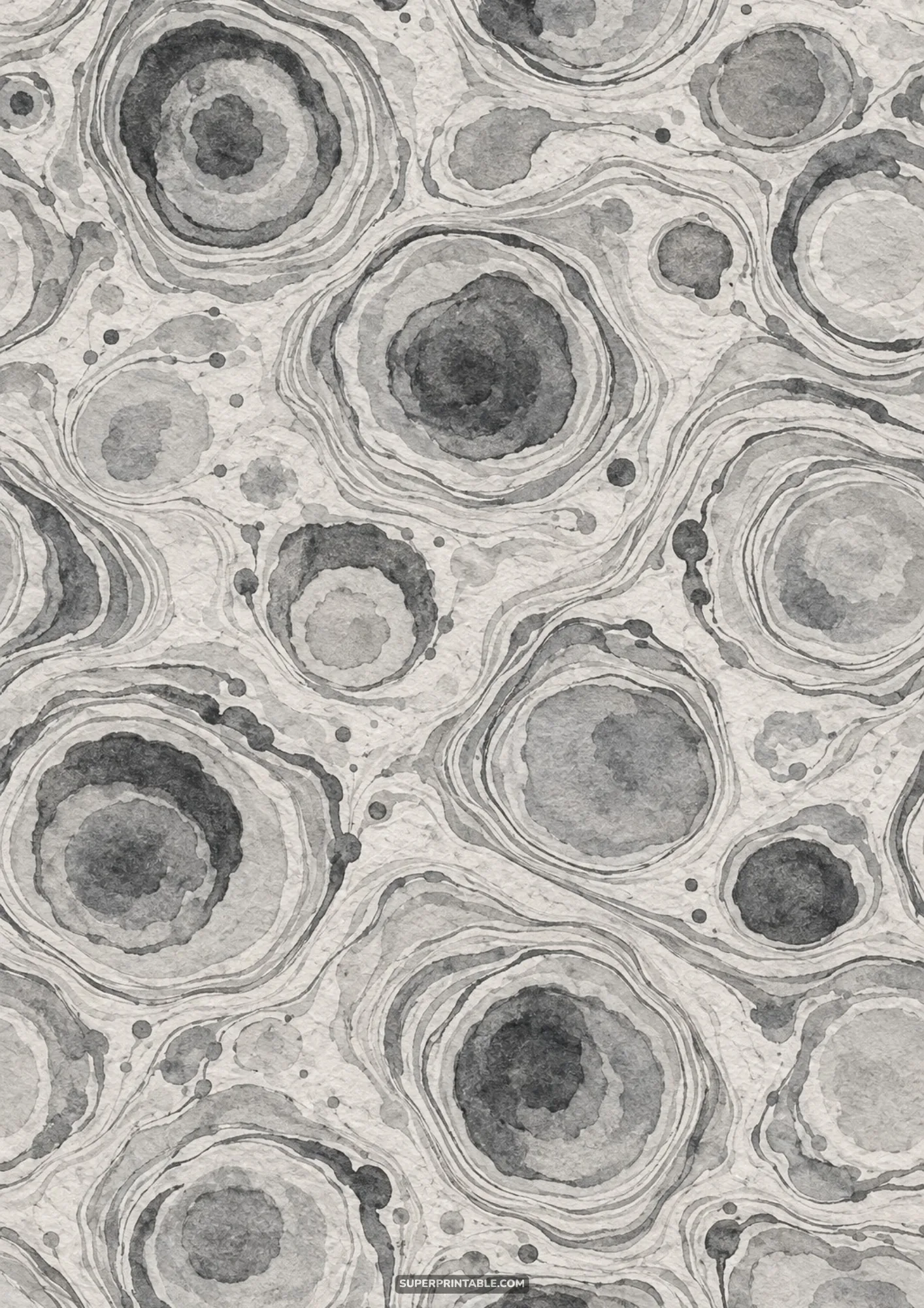 Monochrome suminagashi marbled pattern with concentric ink rings and fluid grey watercolor circles