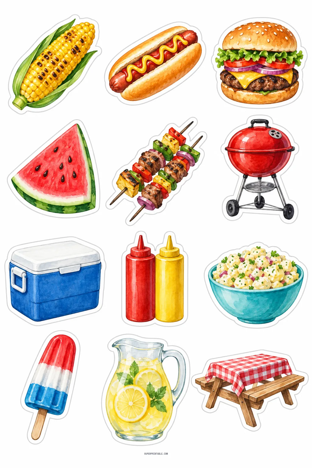Backyard summer BBQ stickers showing charcoal grill, cheeseburger, hot dog, grilled corn, and picnic table