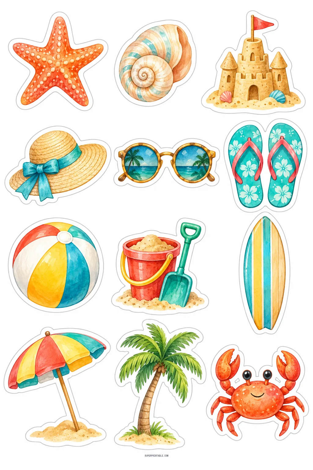 Tropical summer beach vacation stickers with sandcastle, flip flops, sunglasses, starfish, and palm tree