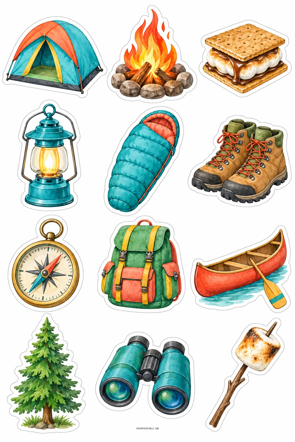 Summer camping adventure stickers featuring camping tent, campfire, hiking boots, backpack, and canoe