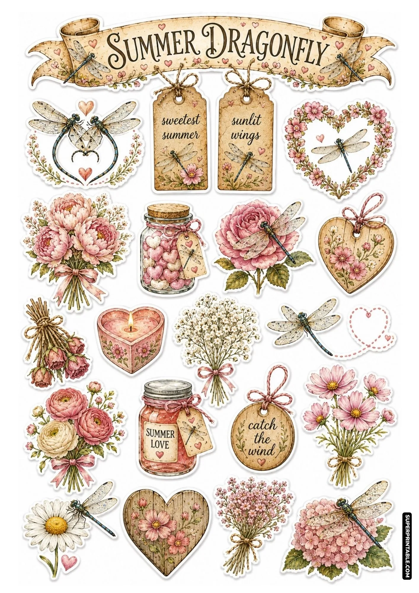 Romantic summer dragonfly sticker sheet with pink peonies, heart-shaped floral wreaths, and decorative candles.
