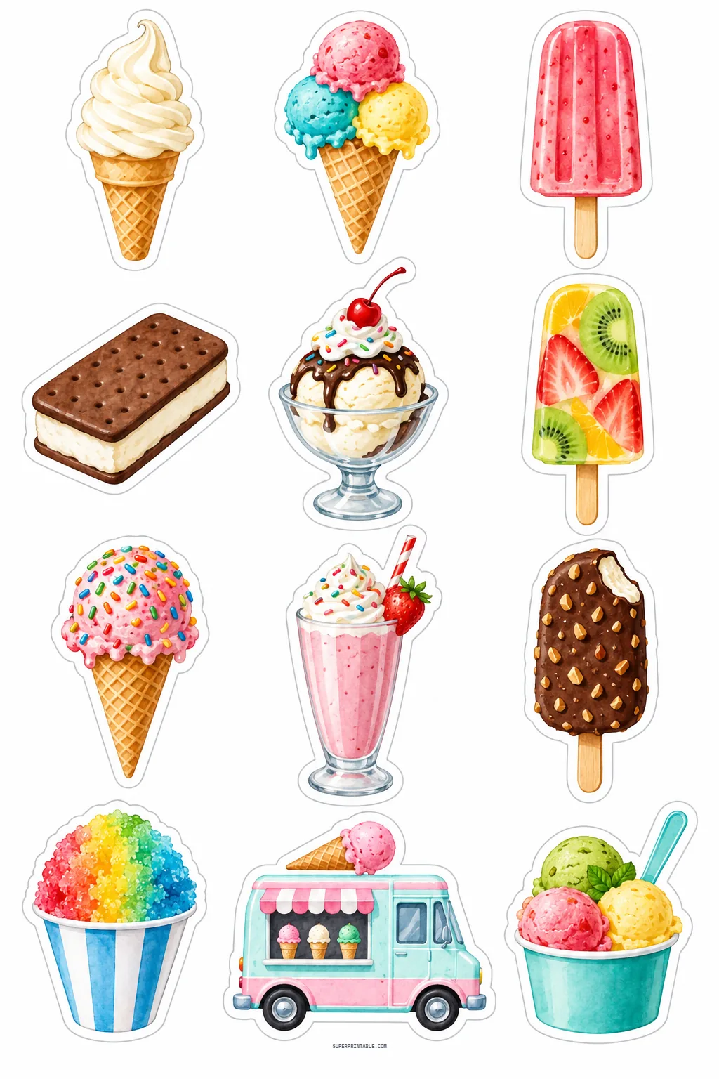 Colorful summer frozen treats stickers featuring ice cream cones, popsicles, milkshakes, and ice cream truck