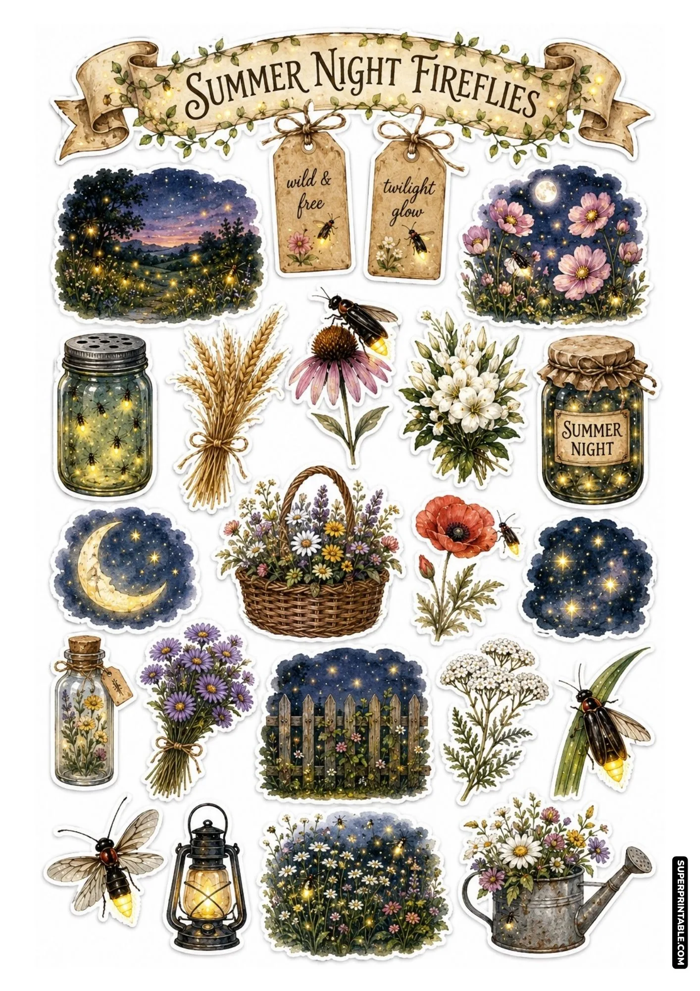 Night sky garden sticker sheet featuring starry landscapes, crescent moon, and glowing fireflies.