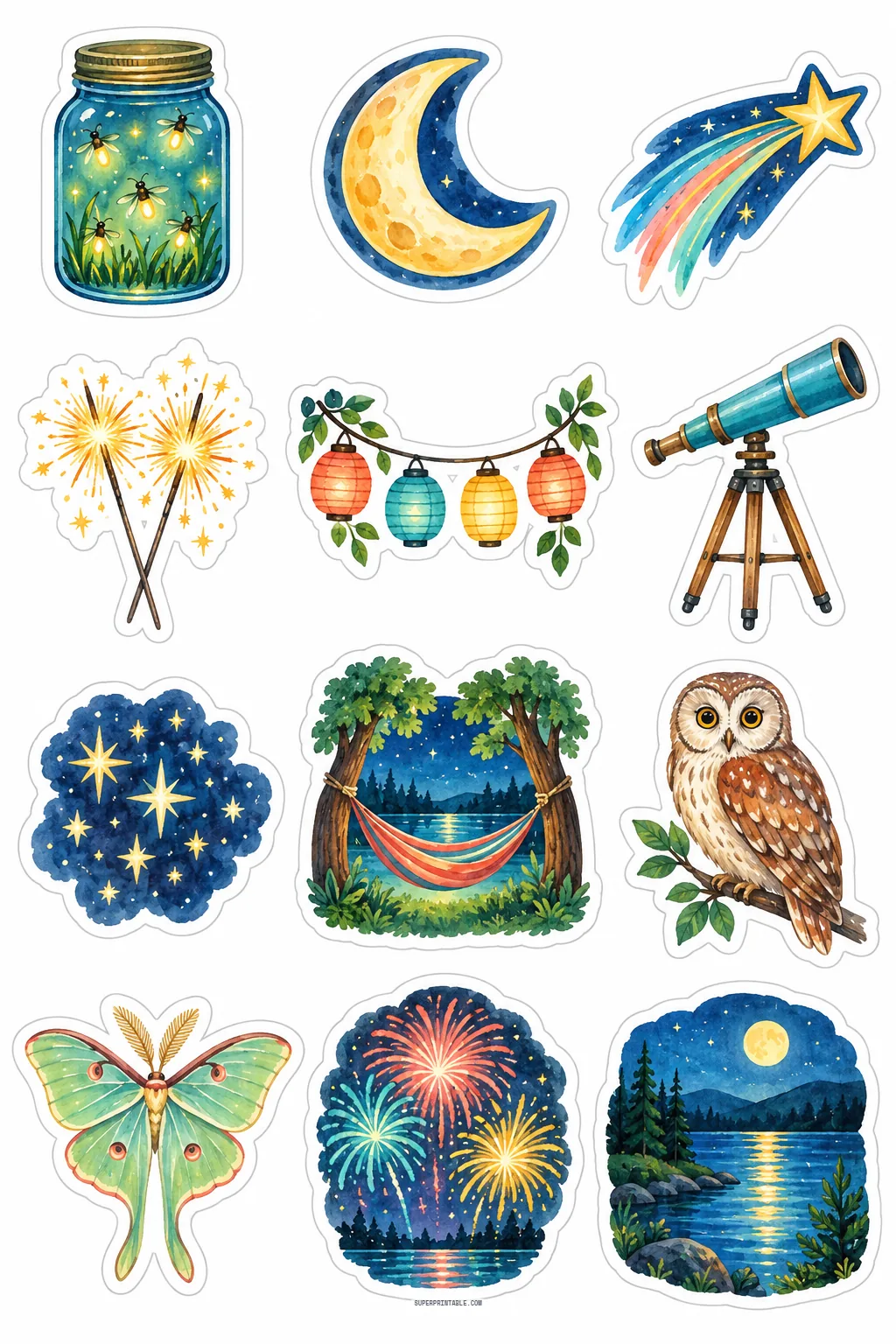 Magical summer night stickers showing glowing firefly jar, fireworks, telescope, and hammock under starry sky