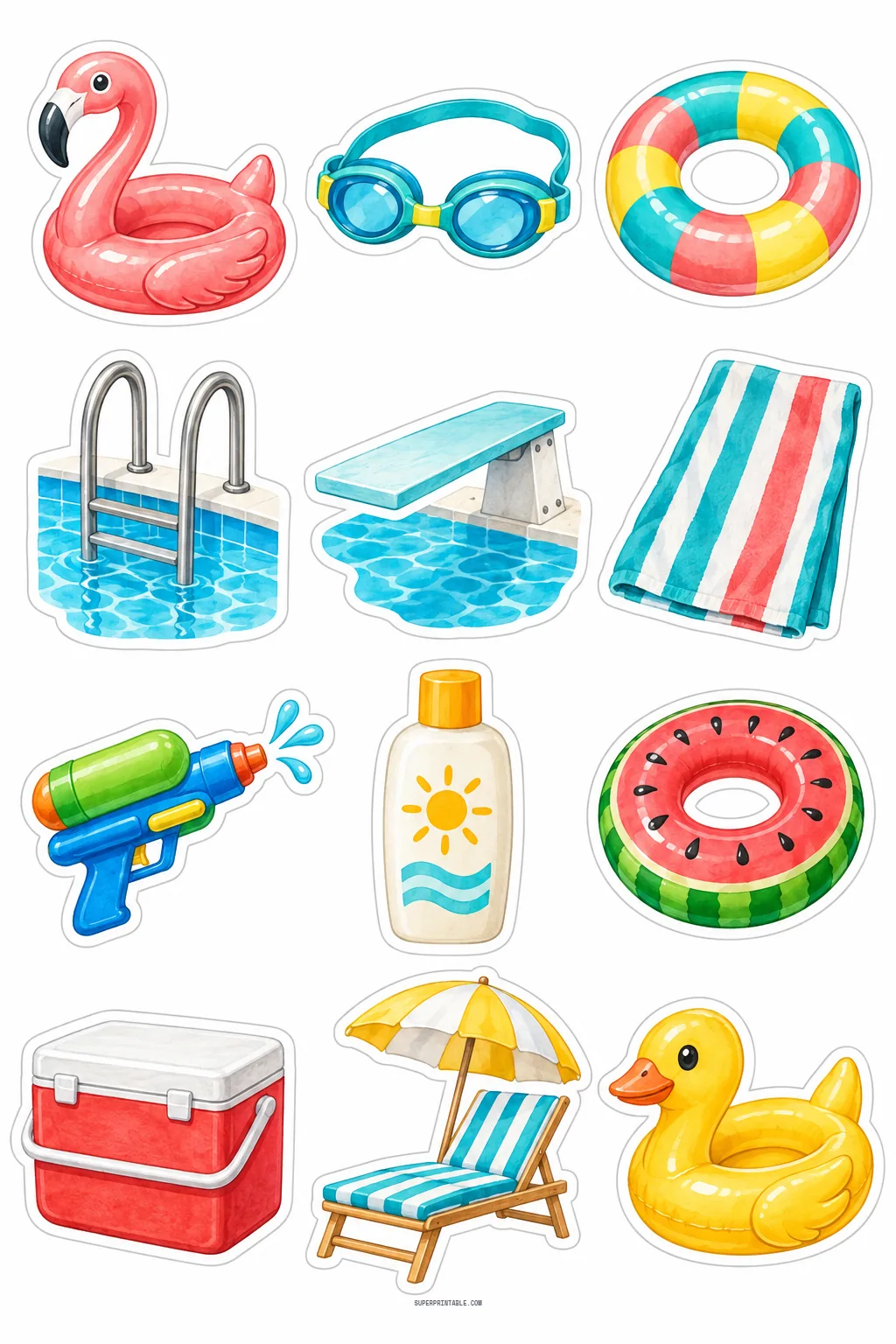 Summer pool party stickers showing flamingo pool float, diving board, swim goggles, and beach lounge chair
