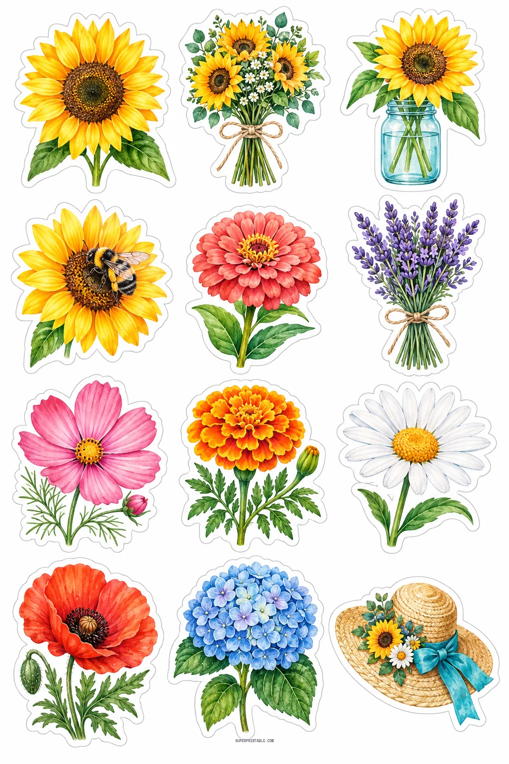 Sunny floral sticker sheet showcasing vibrant yellow sunflowers, blooming marigolds, zinnias, and sun hat
