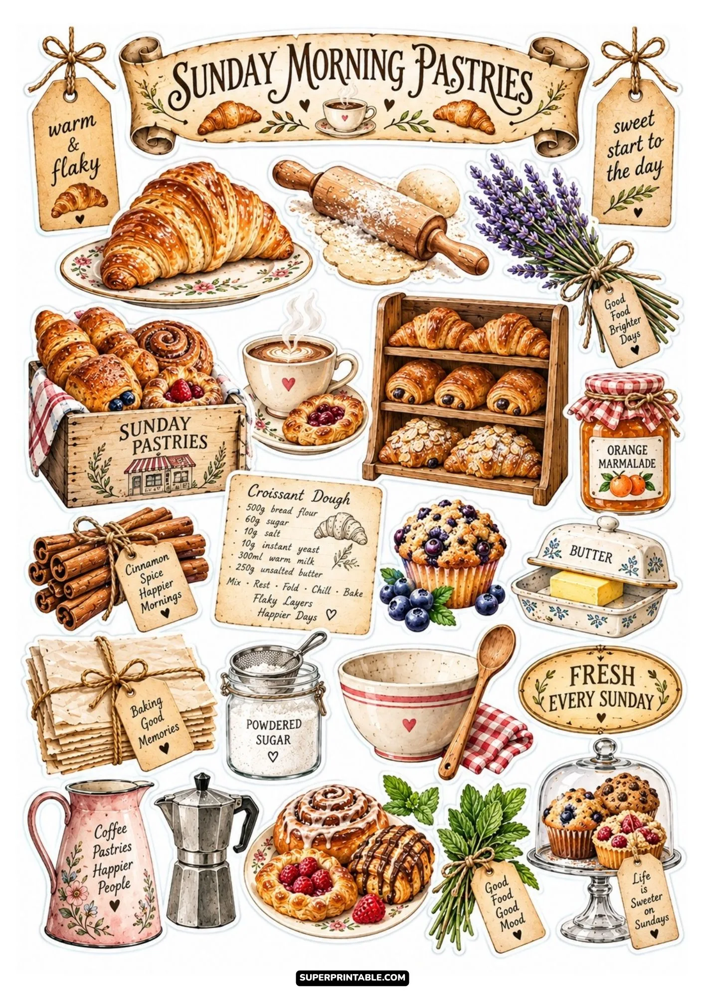 Sunday morning pastry sticker sheet featuring flaky croissants, coffee moka pots, and orange marmalade.