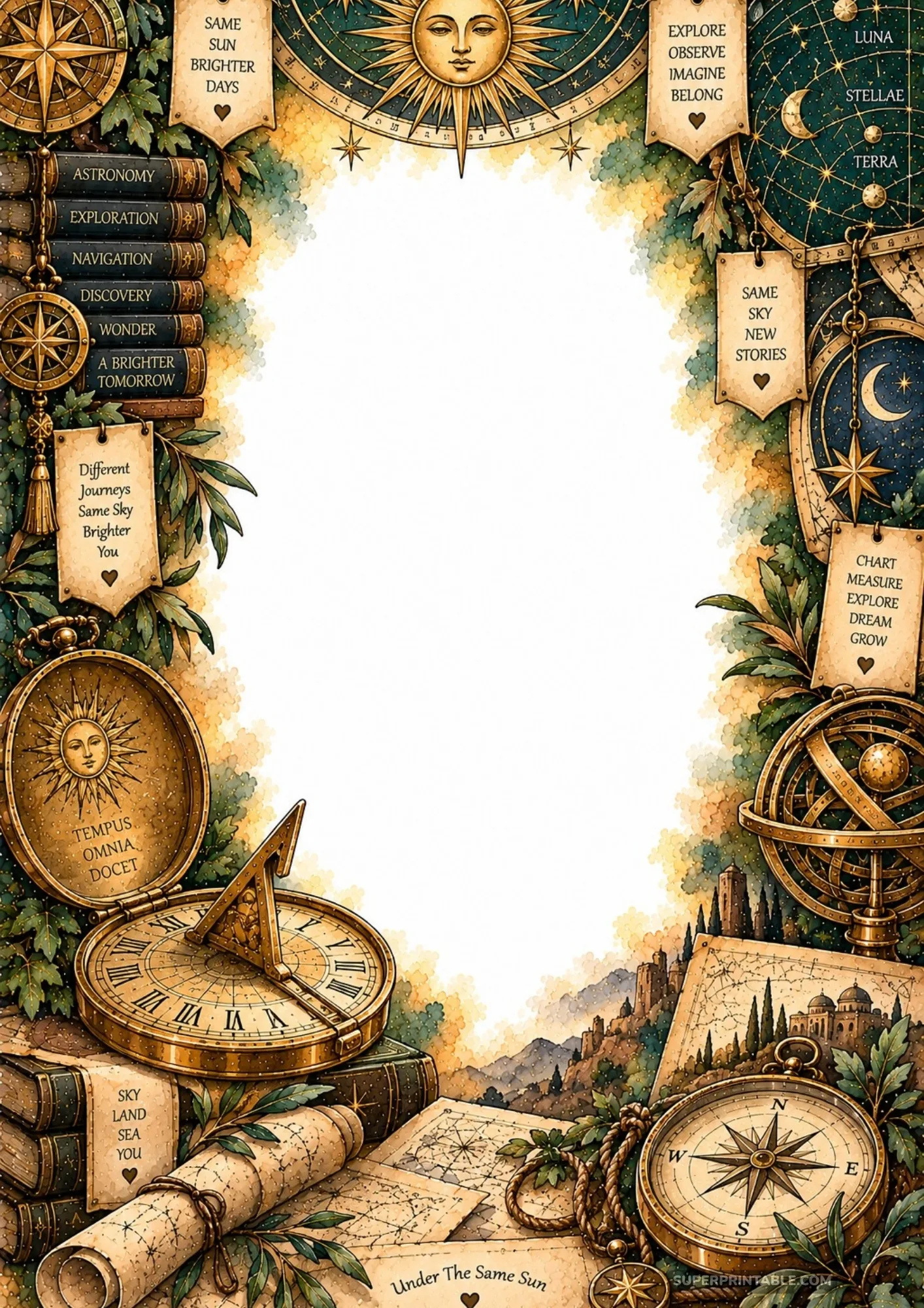 Golden brass sundial and antique pocket compass surrounded by sun motifs and rolled old maps.
