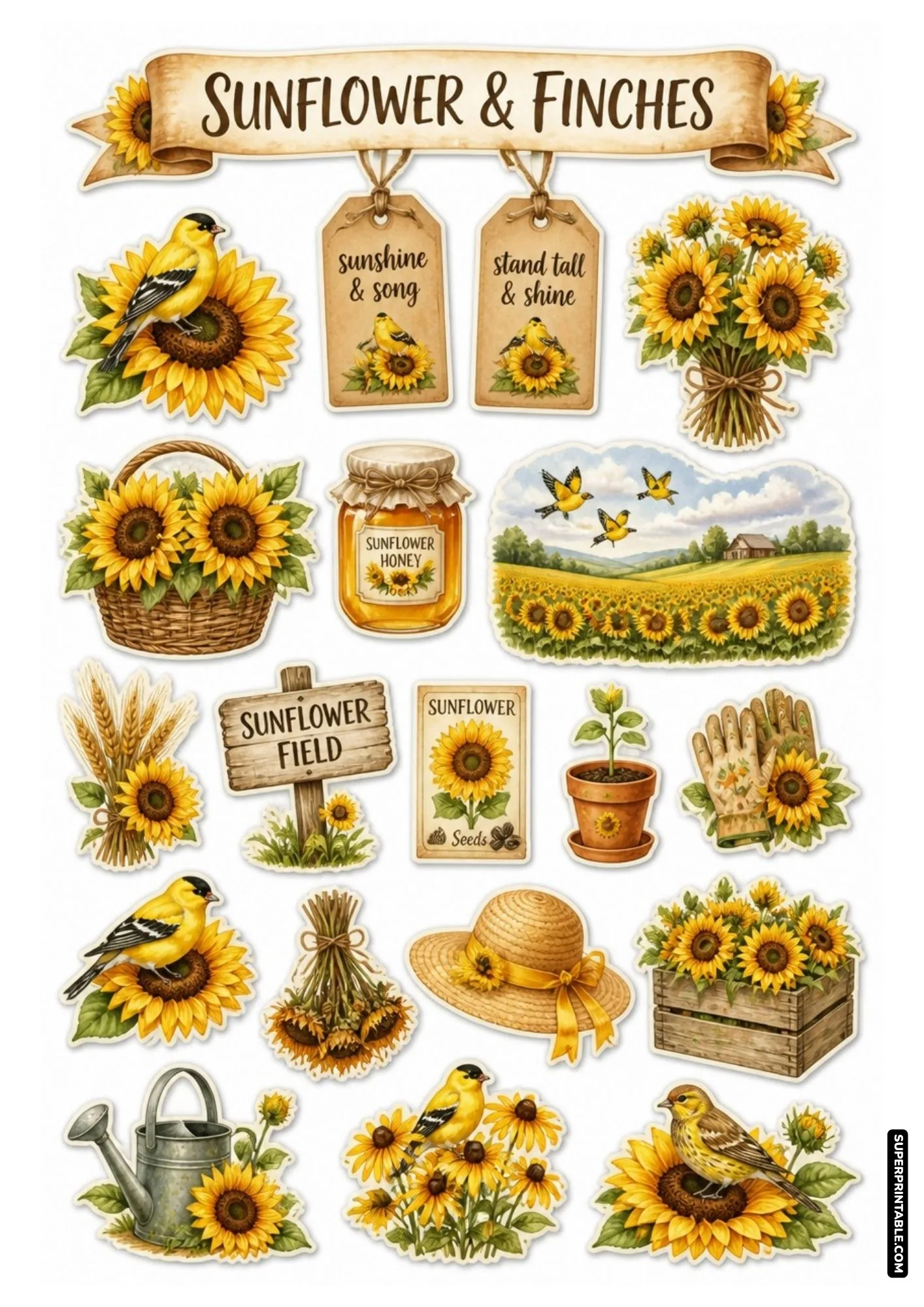 Sunflower and finch stickers displaying bright yellow birds, flower crates, and seed packets.