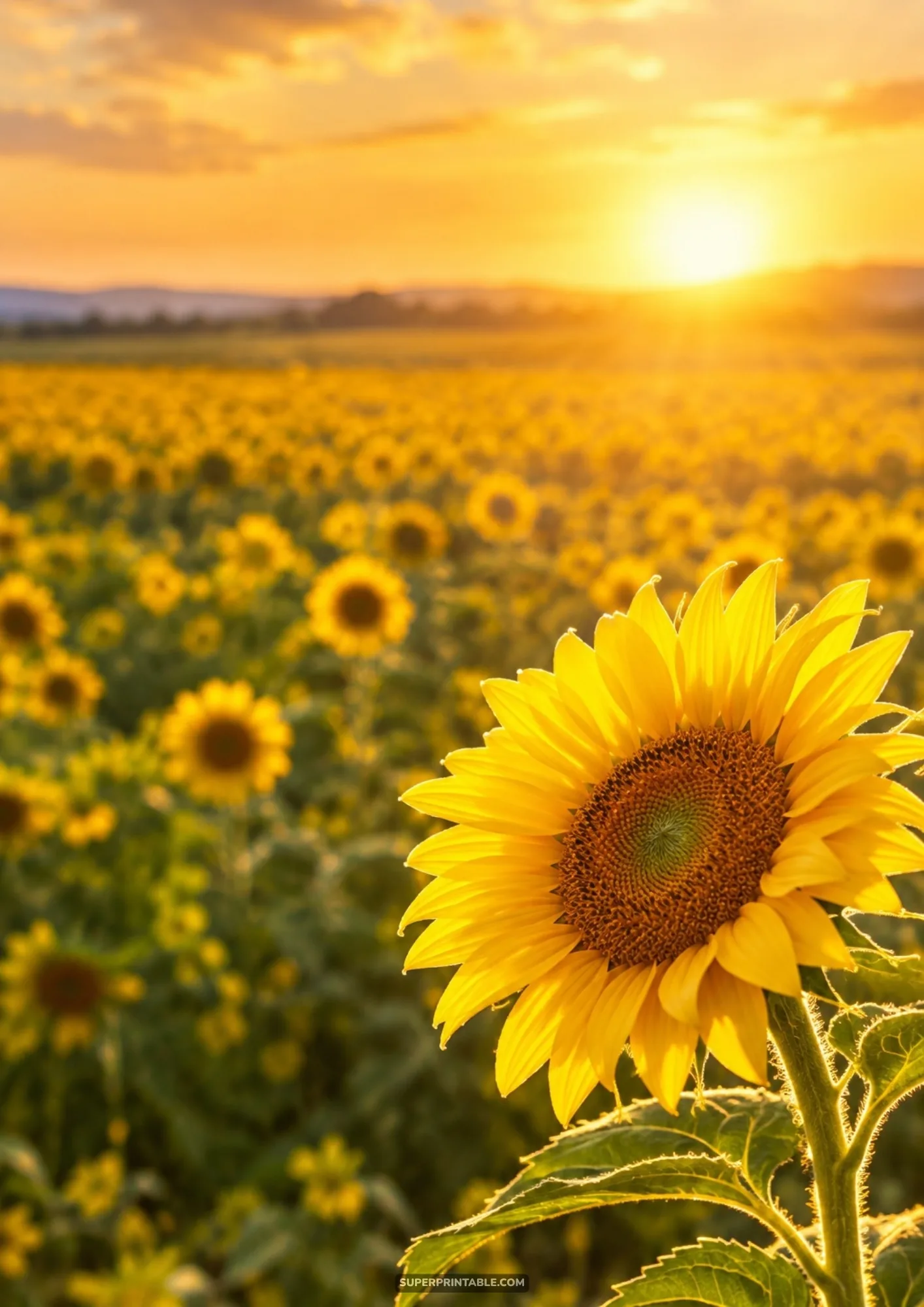 Close-up of a blooming sunflower flowerhead standing tall in front of an expansive glowing sunset sunflower meadow