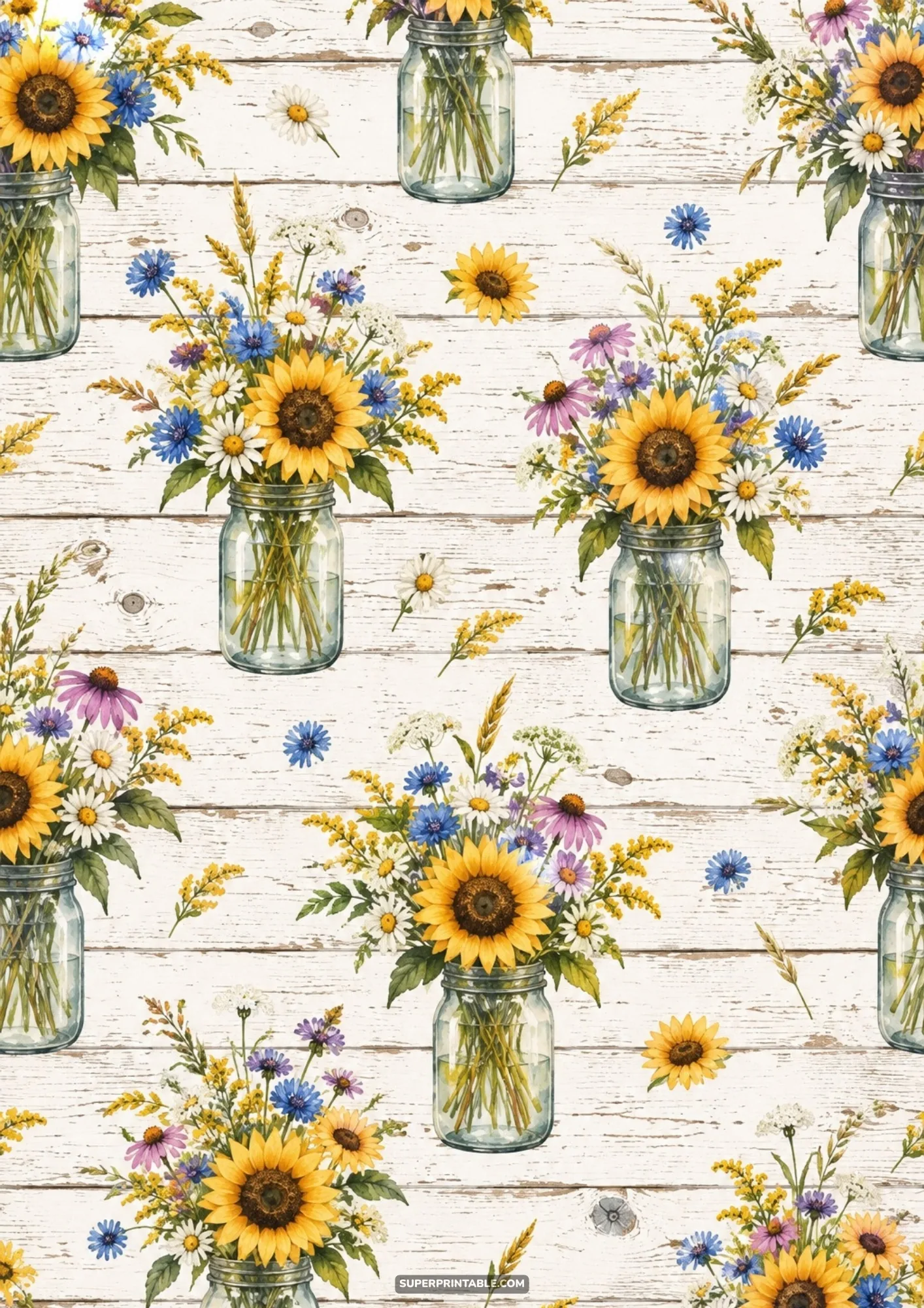 Watercolor sunflower and wildflower bouquets in glass mason jars on a distressed white painted wood plank surface
