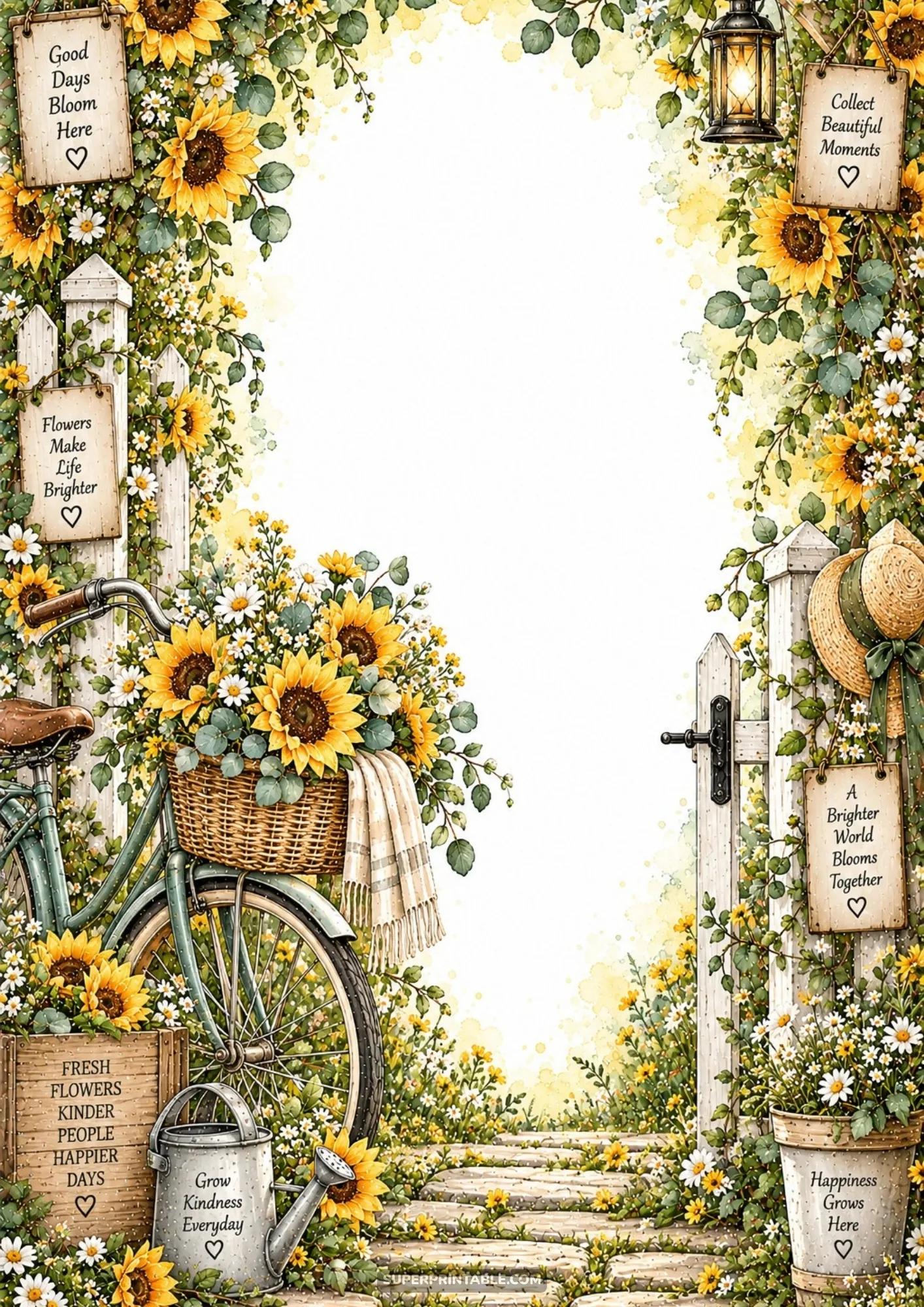 Bright sunflowers in a vintage bicycle basket leaning against a white picket garden gate in warm sunlight