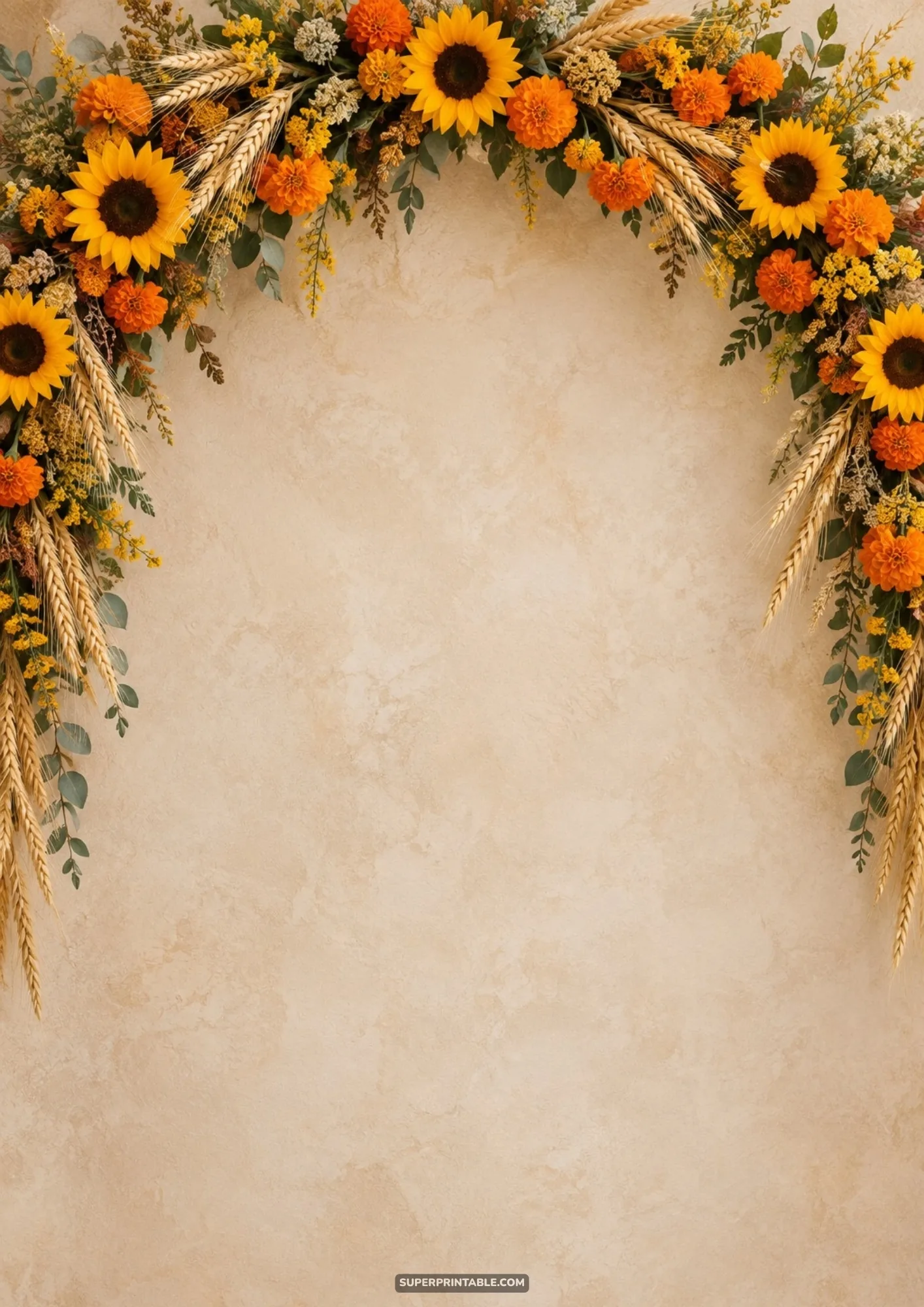 Rustic floral arch arrangement composed of yellow sunflowers, orange blooms, and wheat ears over a beige plaster backdrop