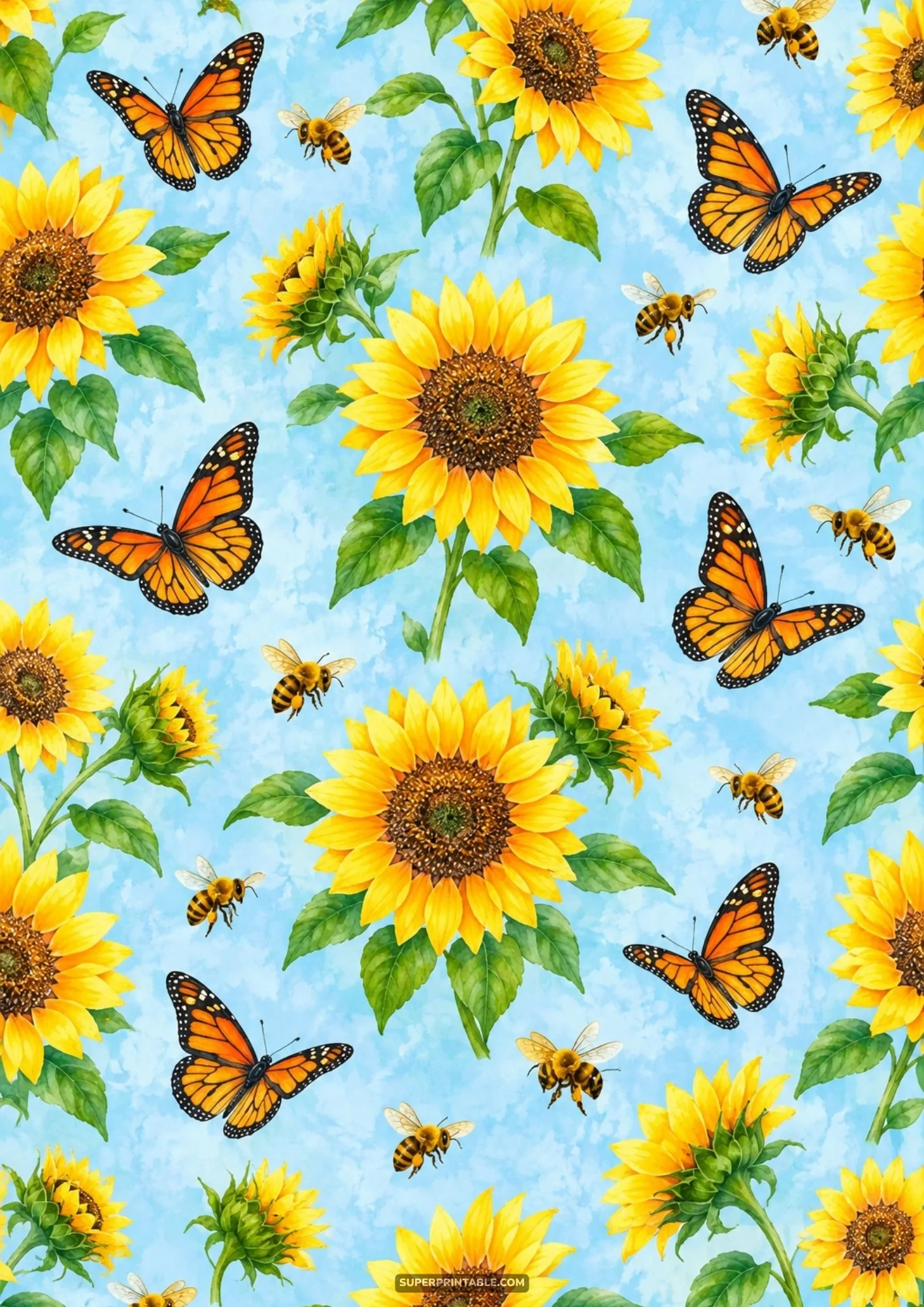 Seamless watercolor surface pattern featuring sunny yellow sunflowers, monarch butterflies, and honeybees on light blue