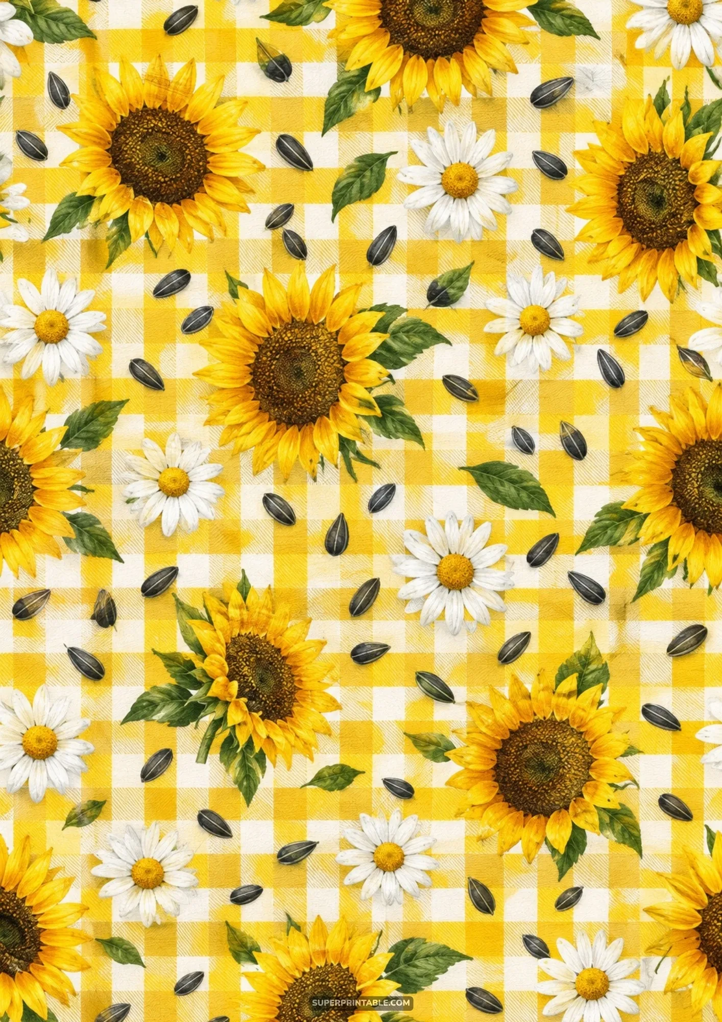 Cheerful summer pattern with yellow sunflowers, white daisies, and seeds on a yellow and white gingham checked background