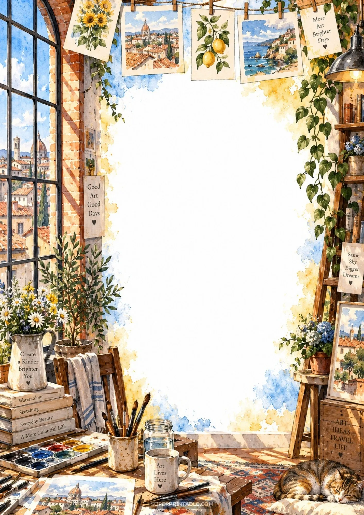 Sunlit studio window overlooking Tuscan rooftops with hung watercolor paintings and sleeping cat border.