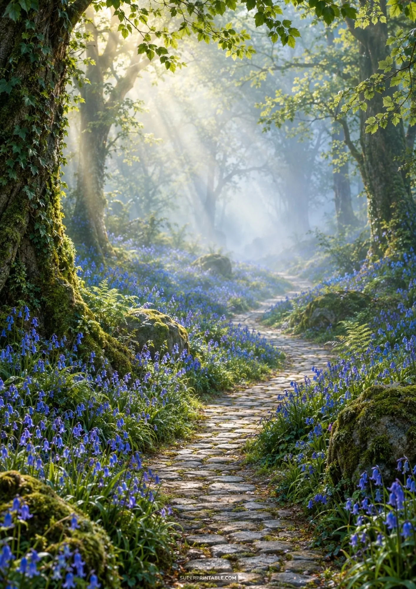 Winding cobblestone pathway through a lush enchanted forest lined with vibrant blooming bluebells