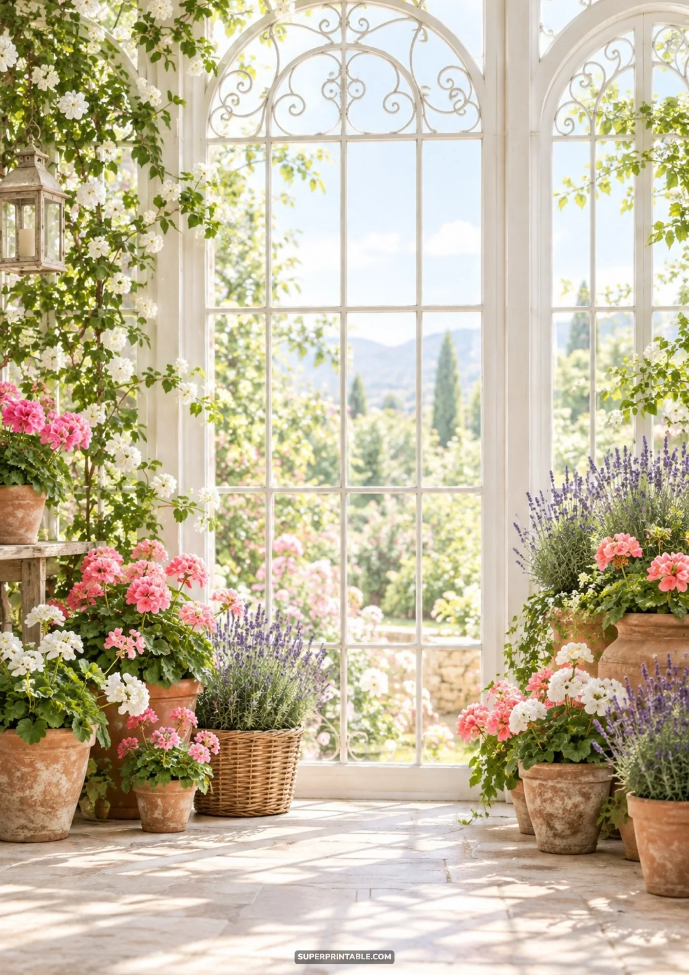 Bright conservatory greenhouse with tall arched window and blooming potted geraniums and lavender