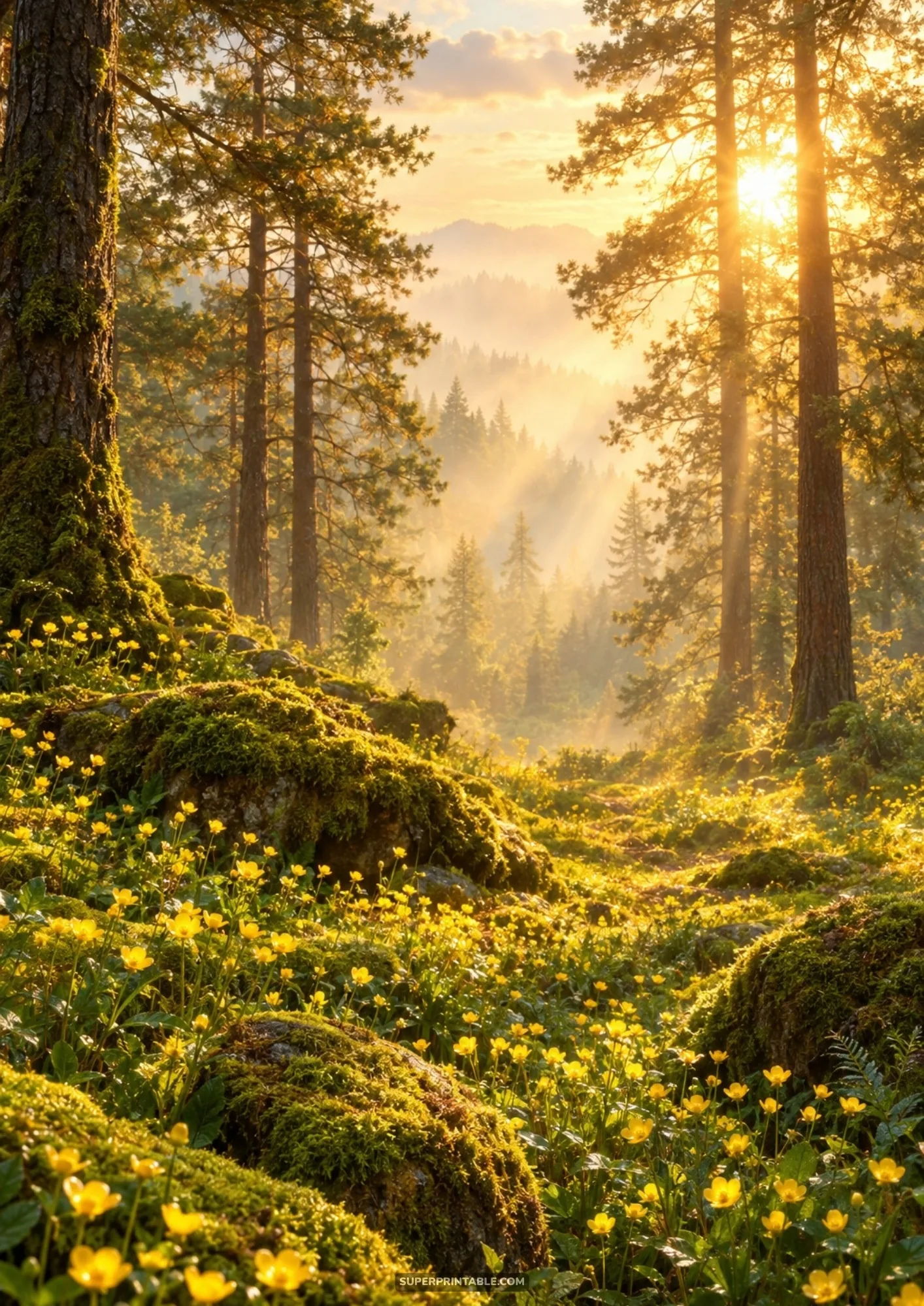 Golden sunbeams illuminating a wild buttercup meadow nestled between tall moss-covered forest pines