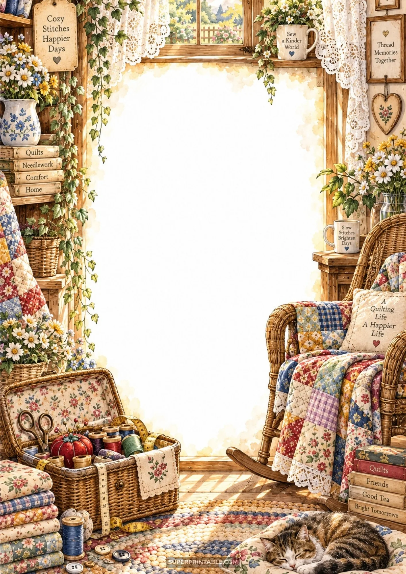 Sunlit craft room border page with a wicker rocking chair, handmade patchwork quilts, and a sleeping tabby cat.