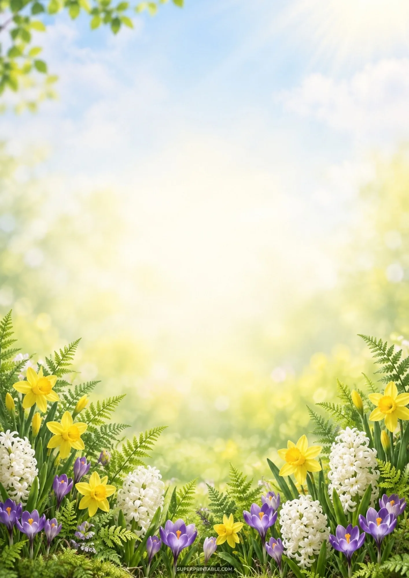 Sunlit garden border of bright daffodils, purple crocuses, and white hyacinths