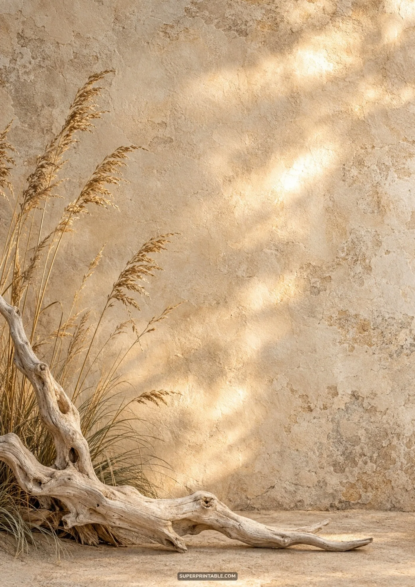 Sunlit warm stucco wall background styled with natural driftwood and dried dune grasses