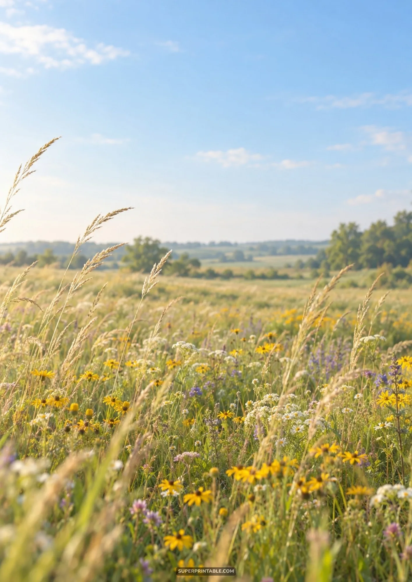 Sunlit countryside meadow filled with yellow wildflowers and tall grasses beneath a blue sky