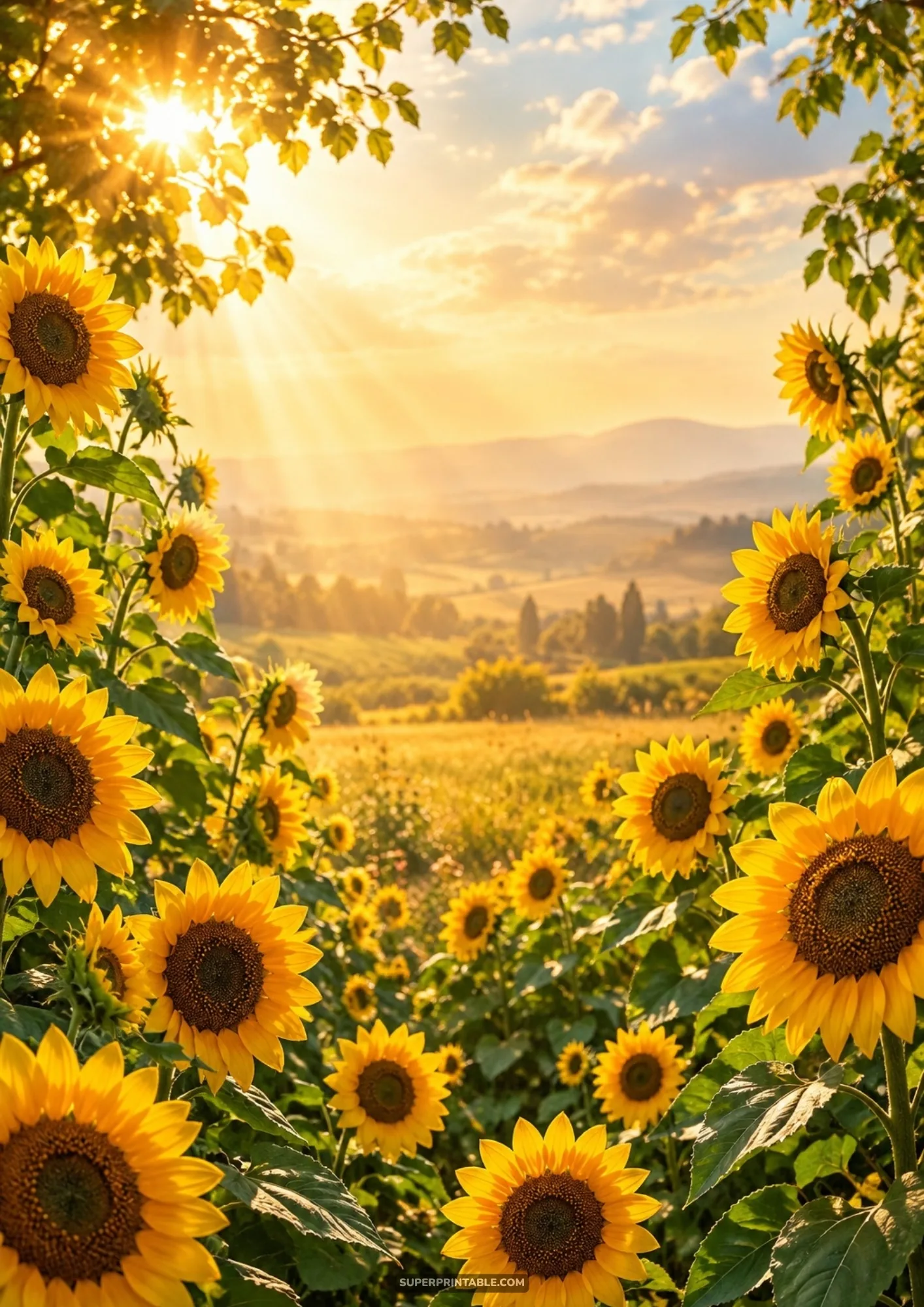 Vibrant sunflower fields digital backgrounds featuring bright blooming blossoms overlooking rolling countryside hills