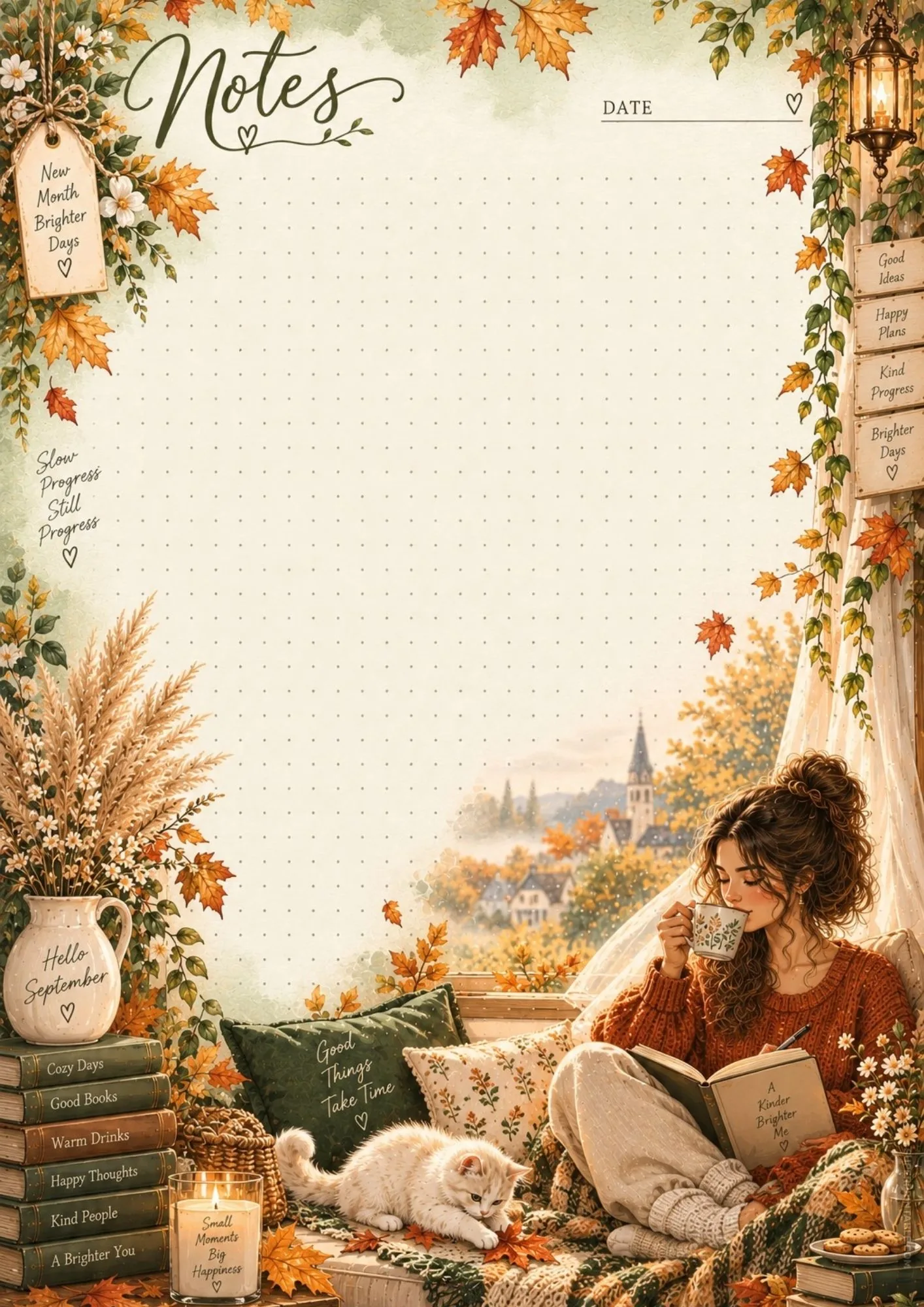 Sunny autumn window seat note paper template with fall foliage outside and a playful white kitten.