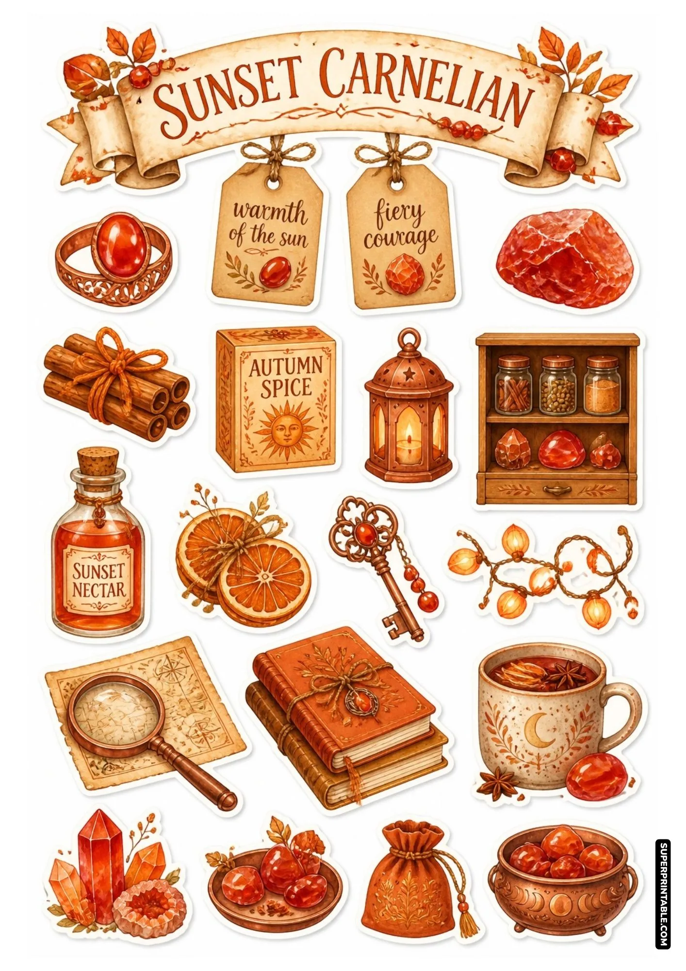 Vibrant red-orange carnelian crystals, autumn spice box, dried orange slices, and warm tea mug sticker sheet.