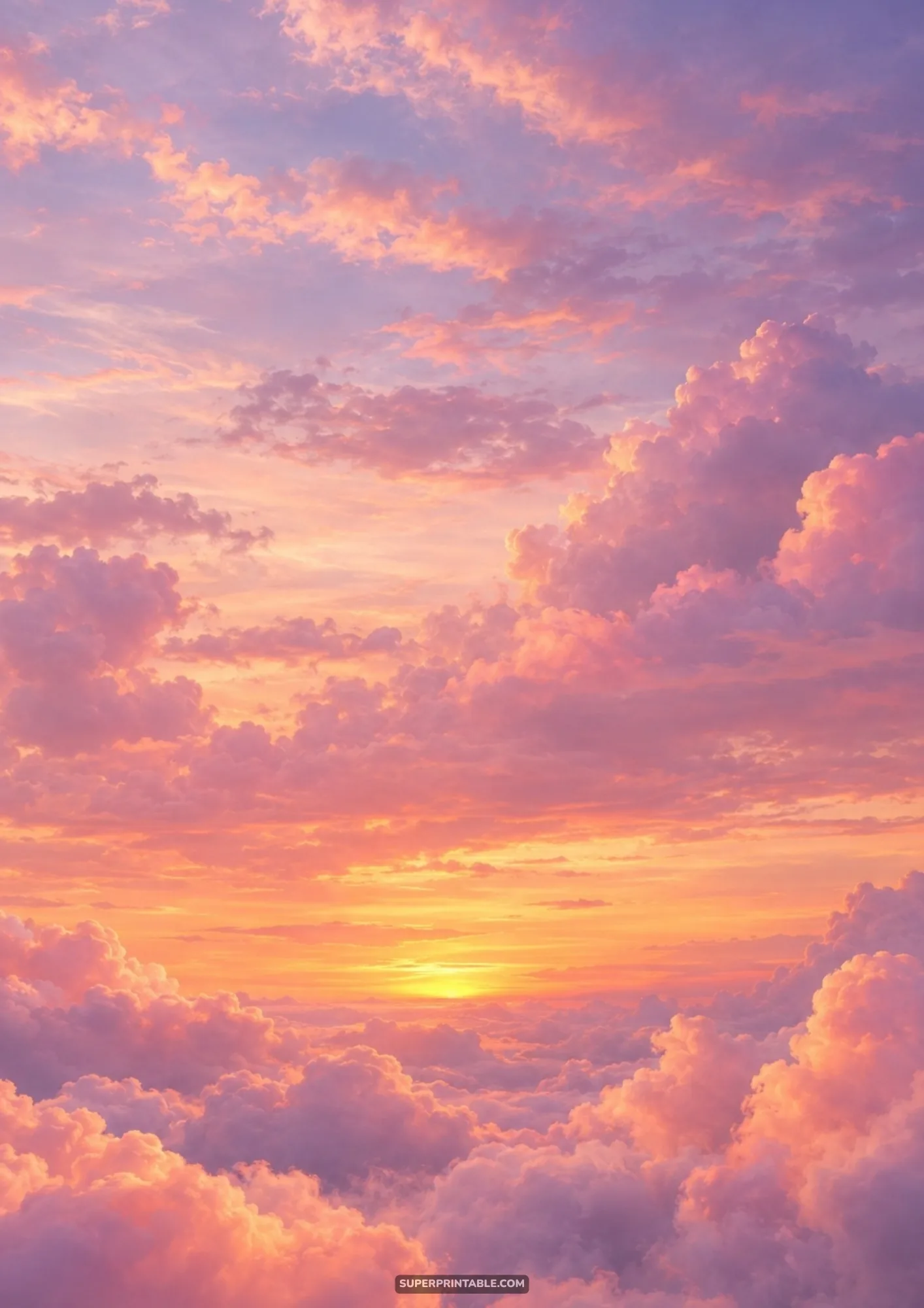 Warm sunset light illuminating textured clouds with gradients of magenta, peach, and orange